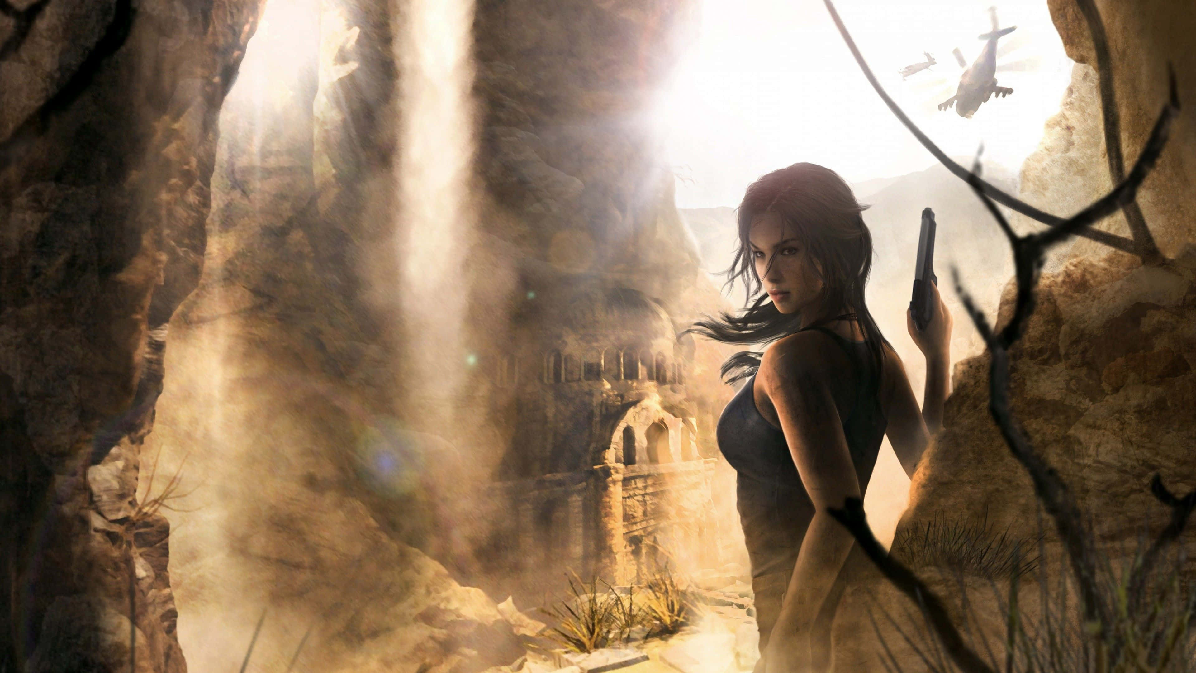 Lara Croft, ancient ruins, sunlit cave, 4K Desktop Wallpaper