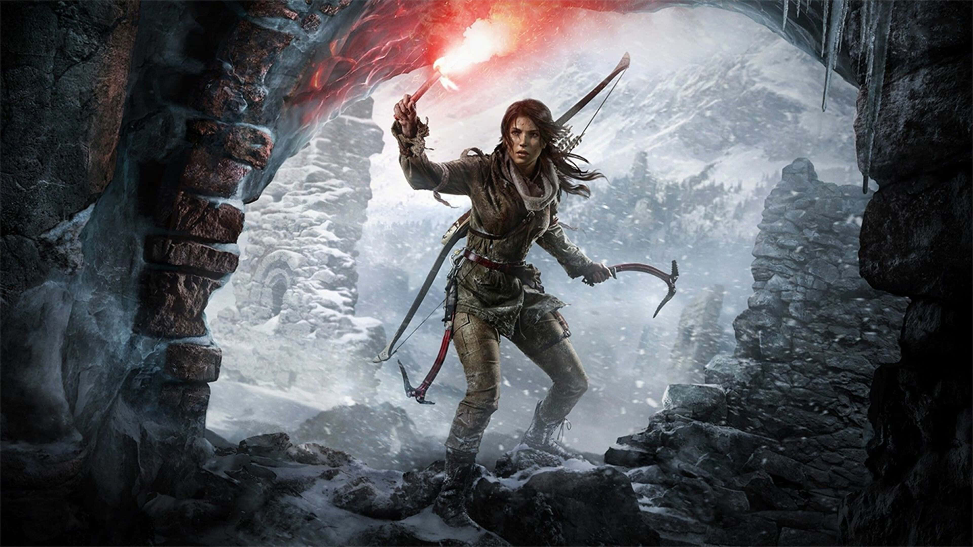 Lara Croft, snowy cave entrance, flaming torch, 4K Desktop Wallpaper