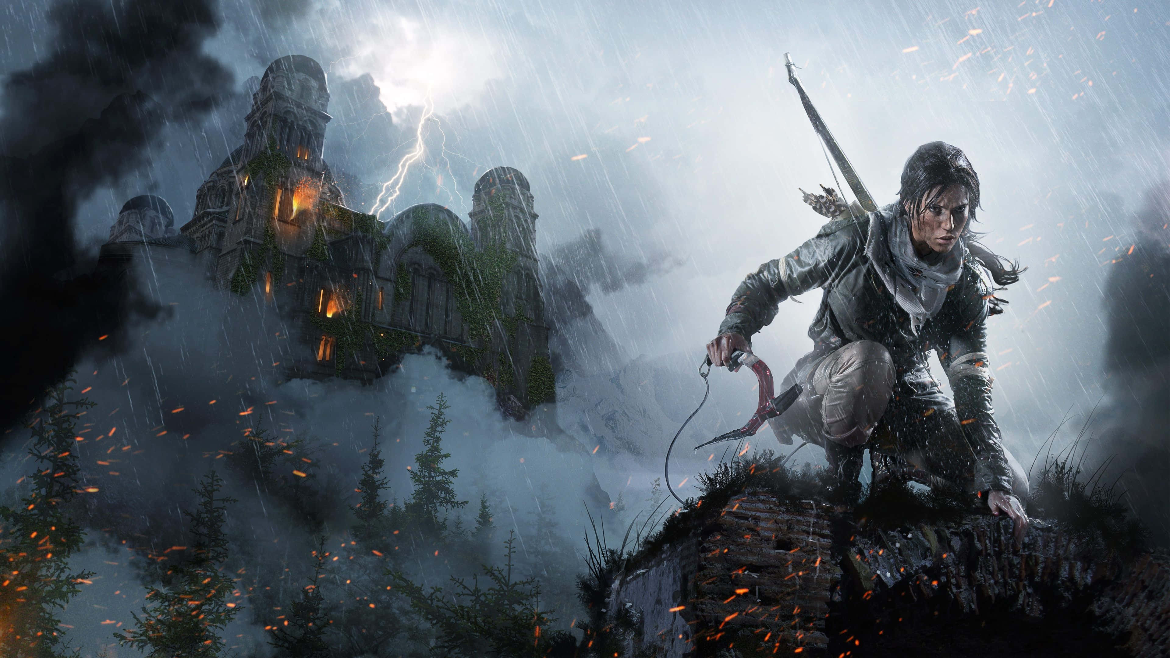 Lara Croft, stormy landscape, lightning strikes, 4K Desktop Wallpaper