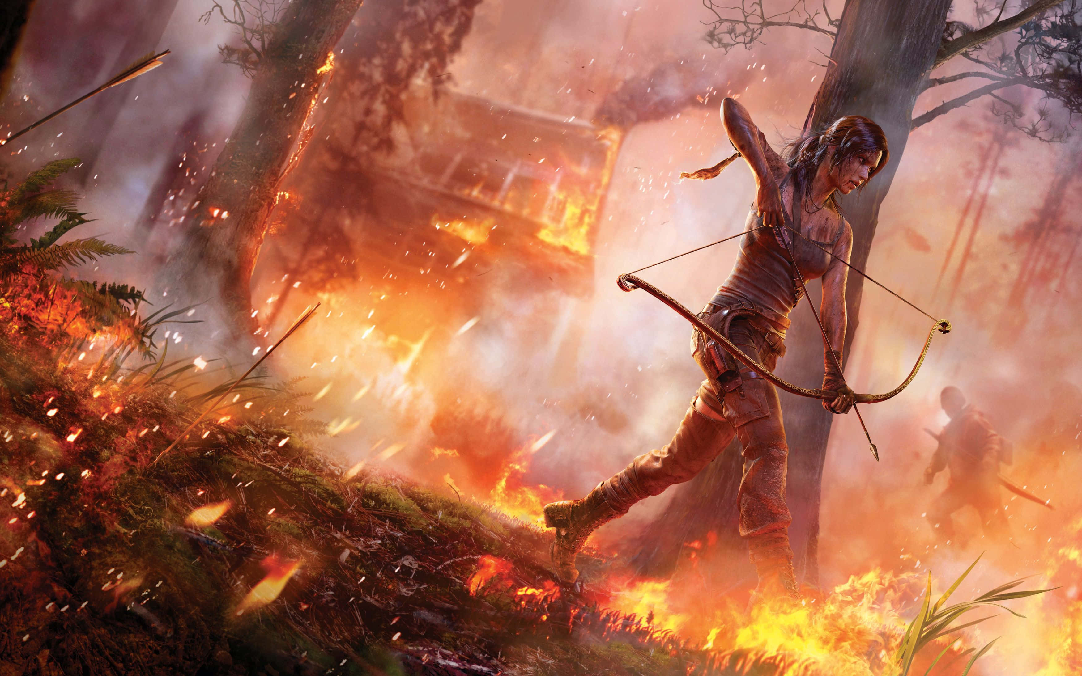 Lara Croft, action scene, fiery forest, 2K Desktop Wallpaper