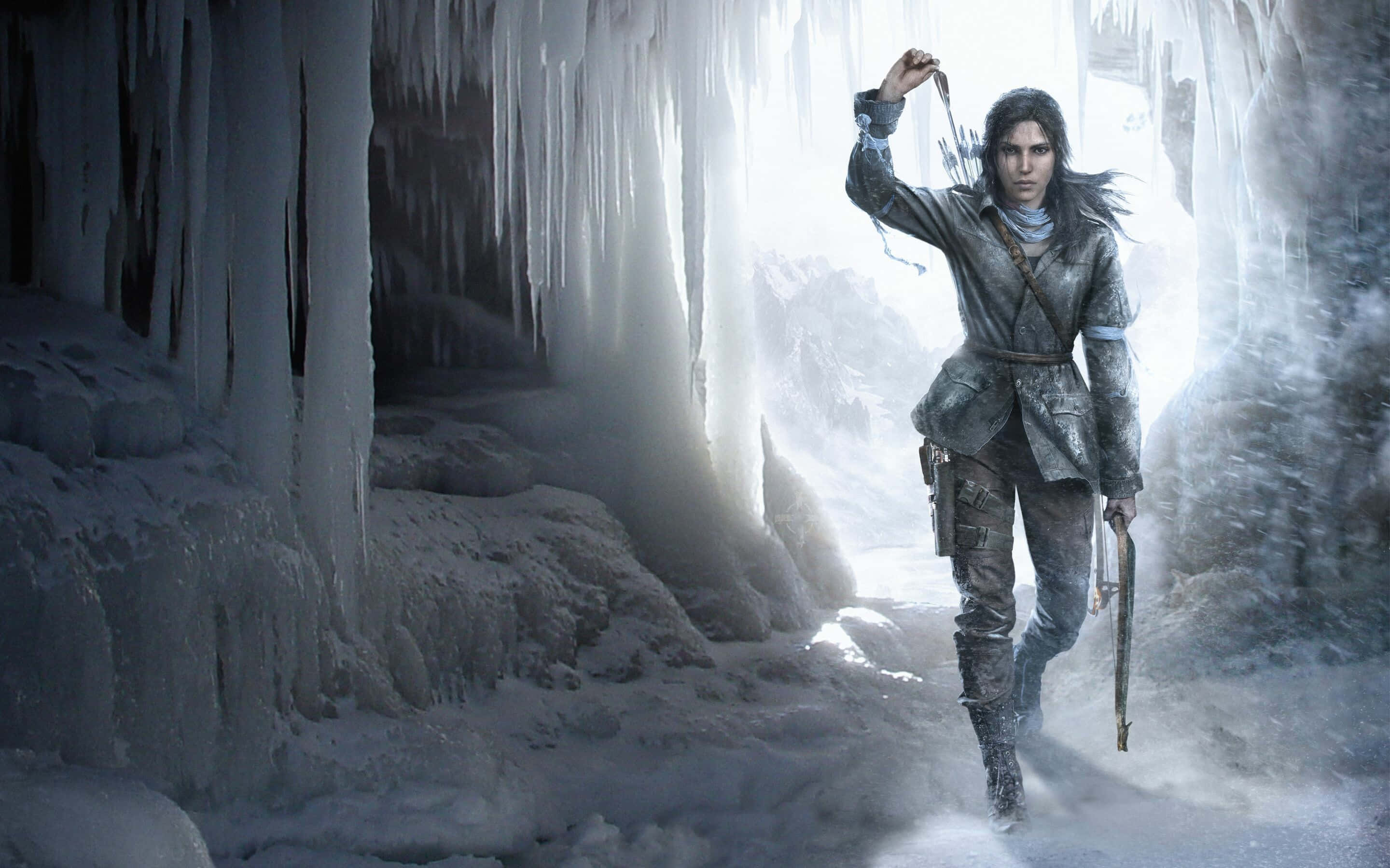 Lara Croft, ice cave, frozen cave, 2K Desktop Wallpaper