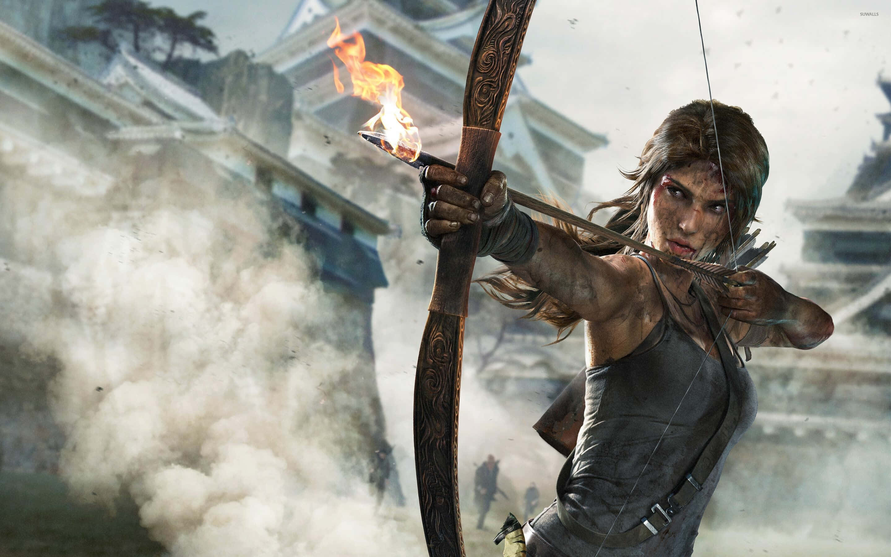 Lara Croft, bow and arrow, flaming arrow, 2K Desktop Wallpaper