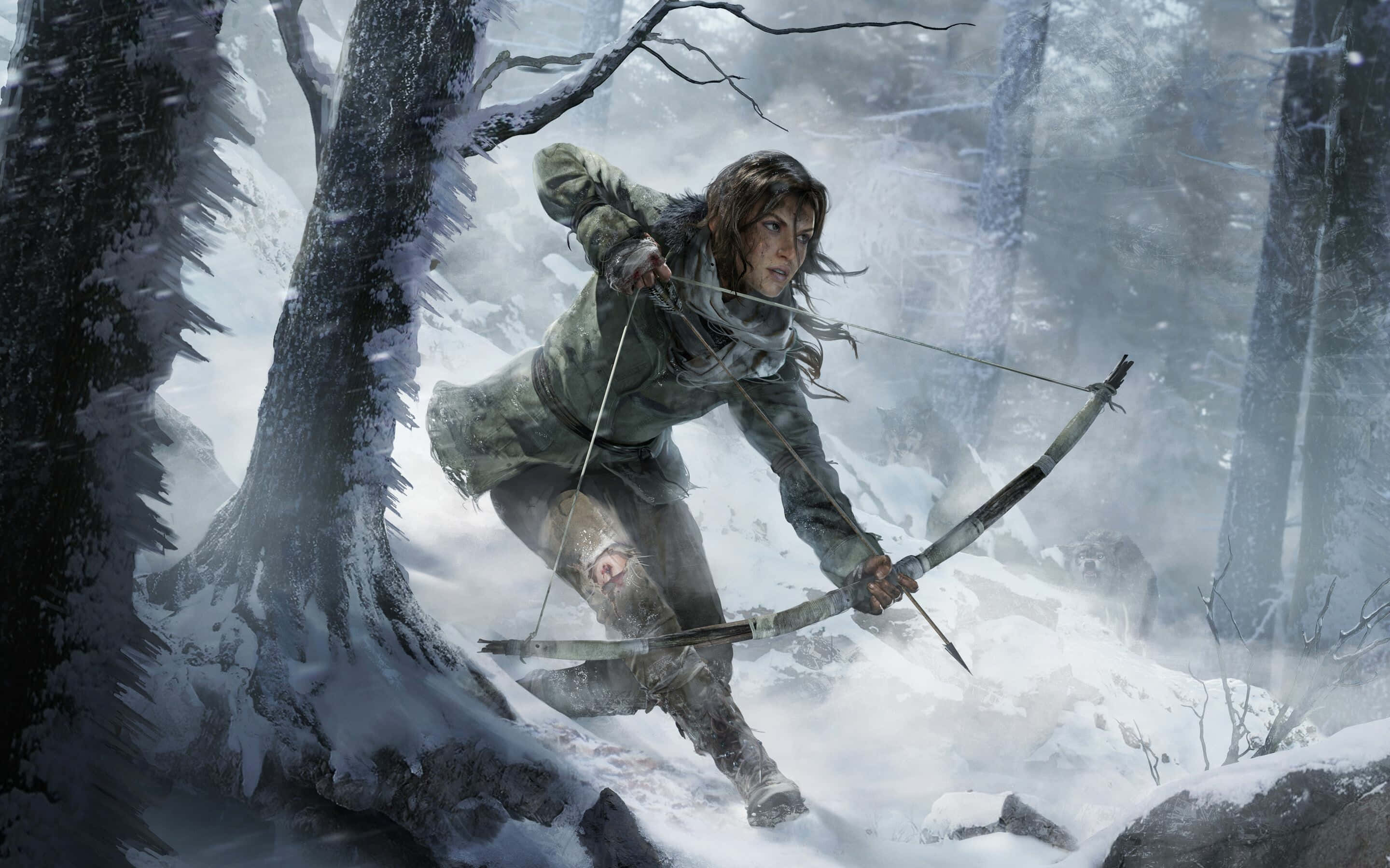 Lara Croft, winter gear, snowy forest, 2K Desktop Wallpaper