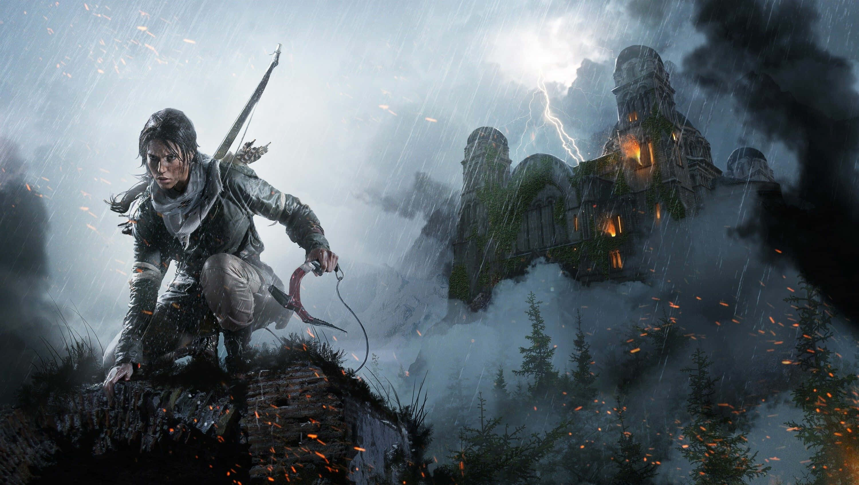 Lara Croft, cliff edge, storm, 2K Desktop Wallpaper