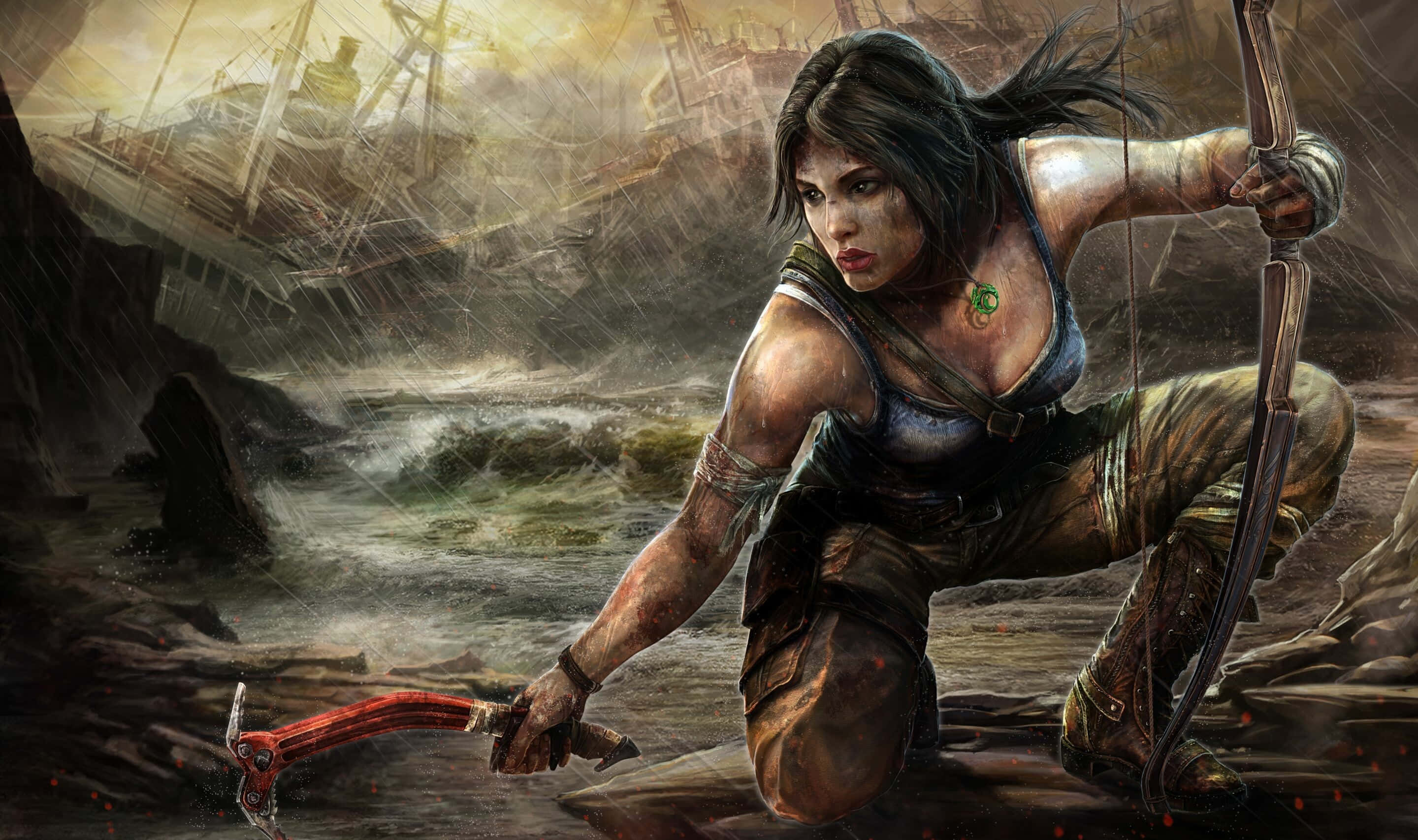 Lara Croft, shipwreck, stormy shore, 2K Desktop Wallpaper