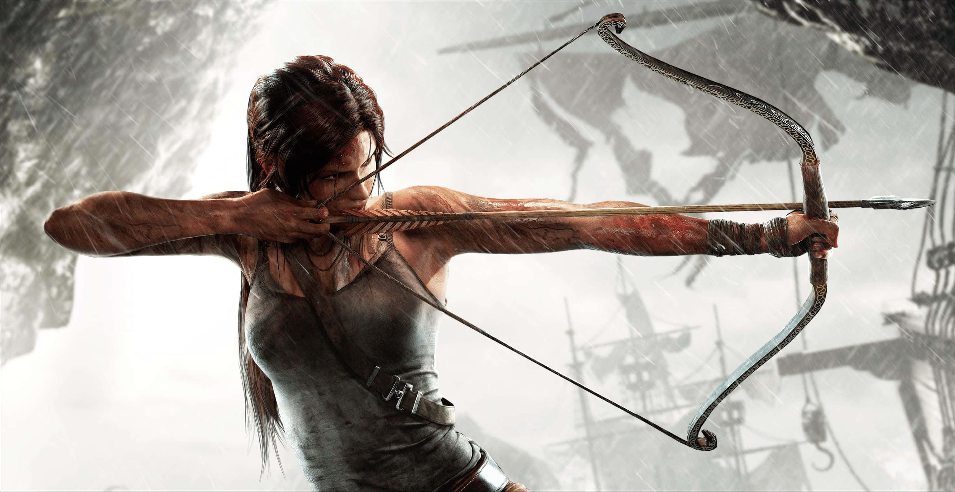 Lara Croft, bow, stormy shipwreck, 2K Desktop Wallpaper