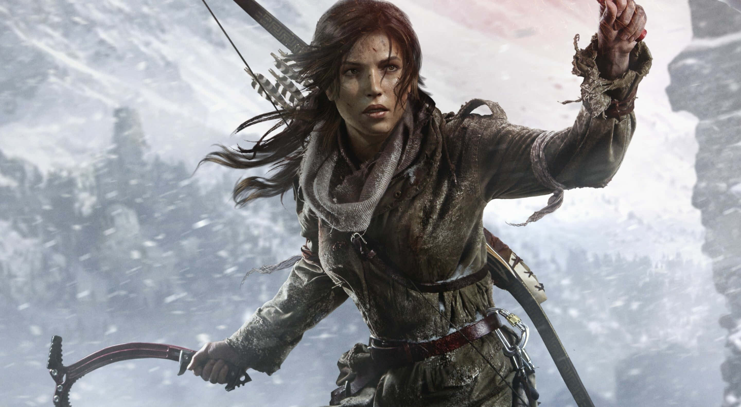 Lara Croft, snowy mountain peak, blizzard, 2K Desktop Wallpaper