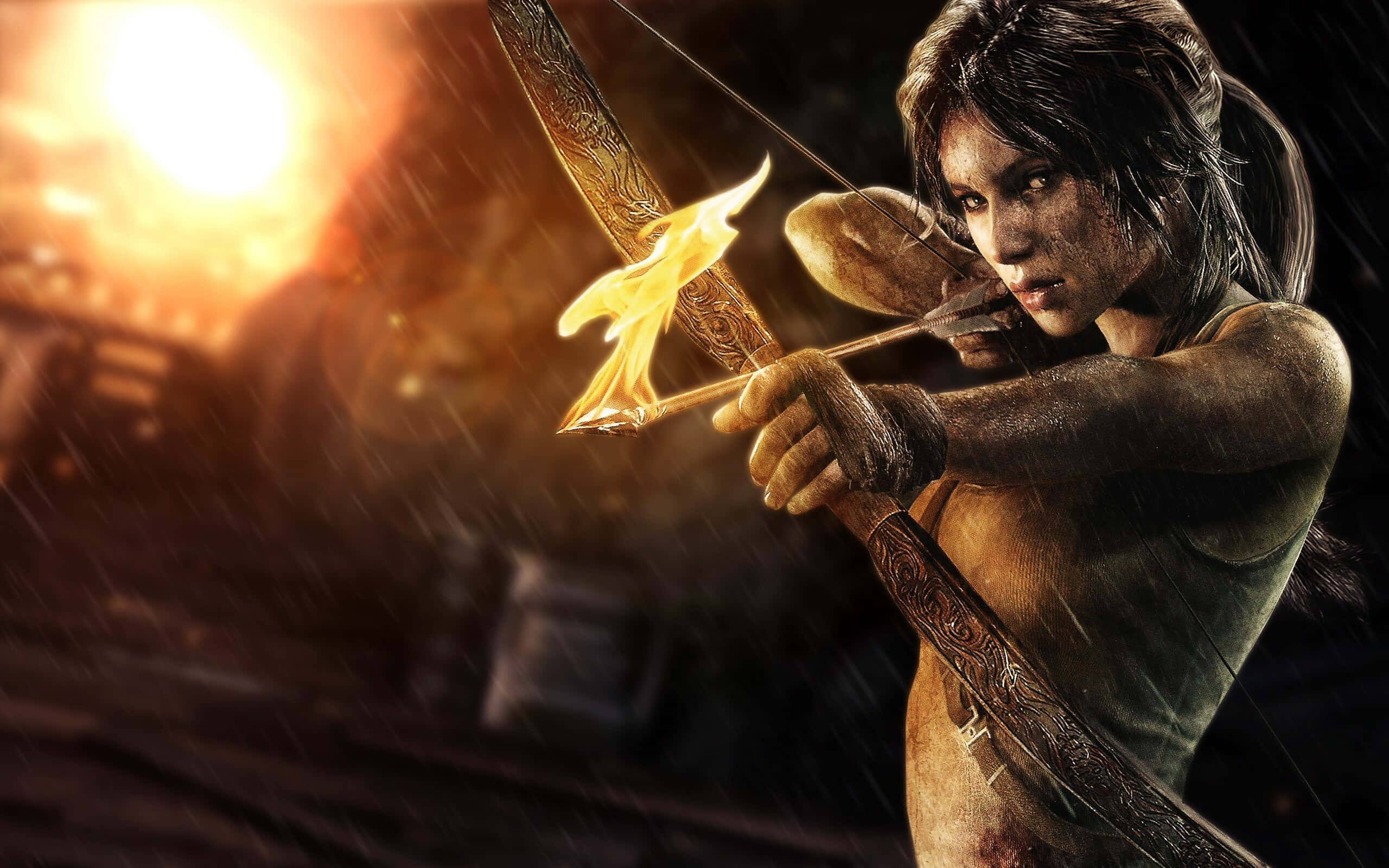 Lara Croft, bow and arrow, flaming bow, 2K Desktop Wallpaper