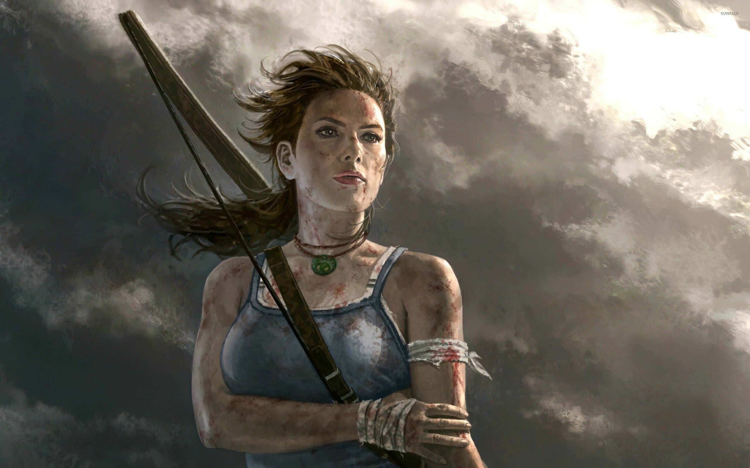 Lara Croft, bow, stormy sky, 2K Desktop Wallpaper