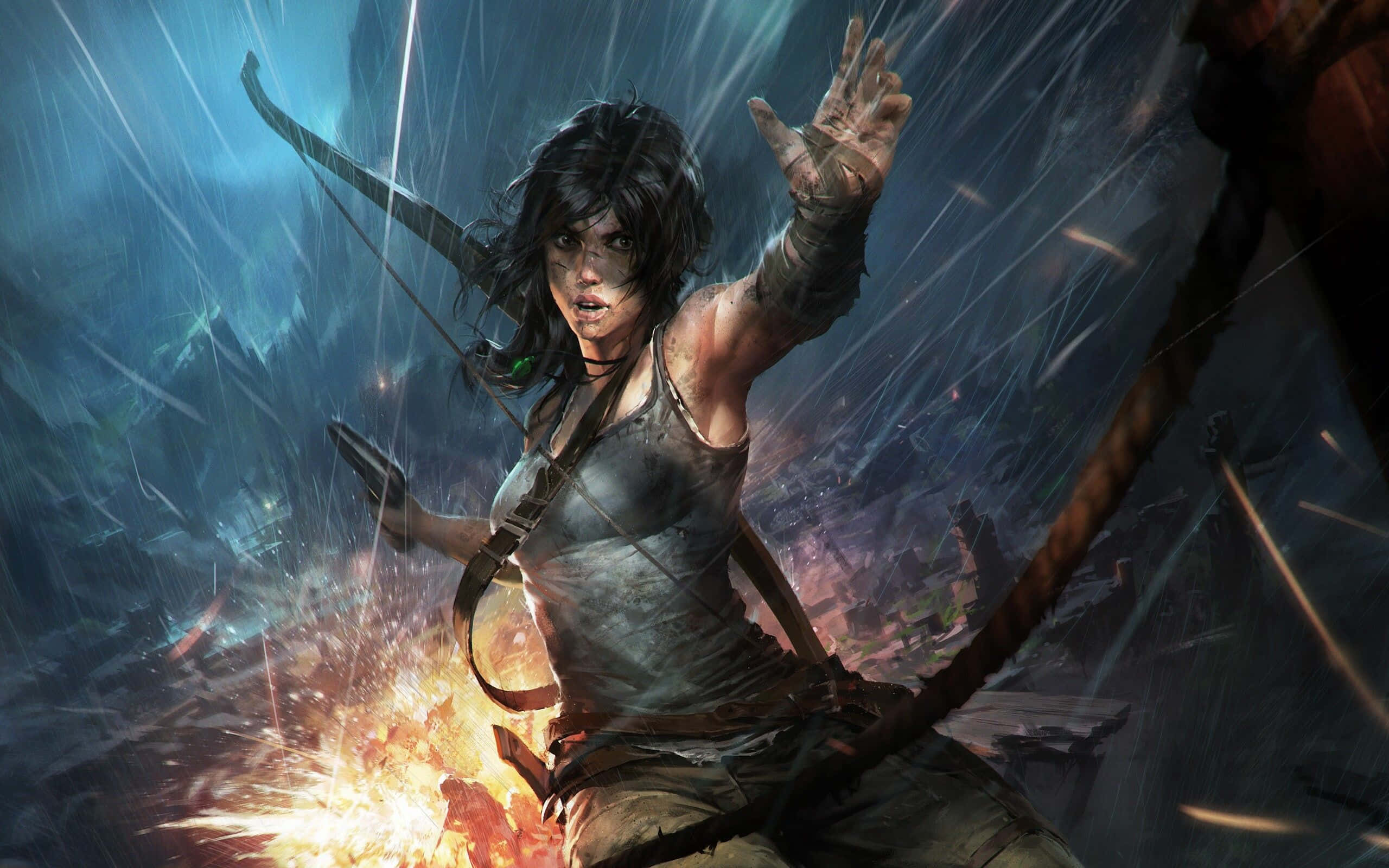 Lara Croft, stormy jungle, bow, 2K Desktop Wallpaper