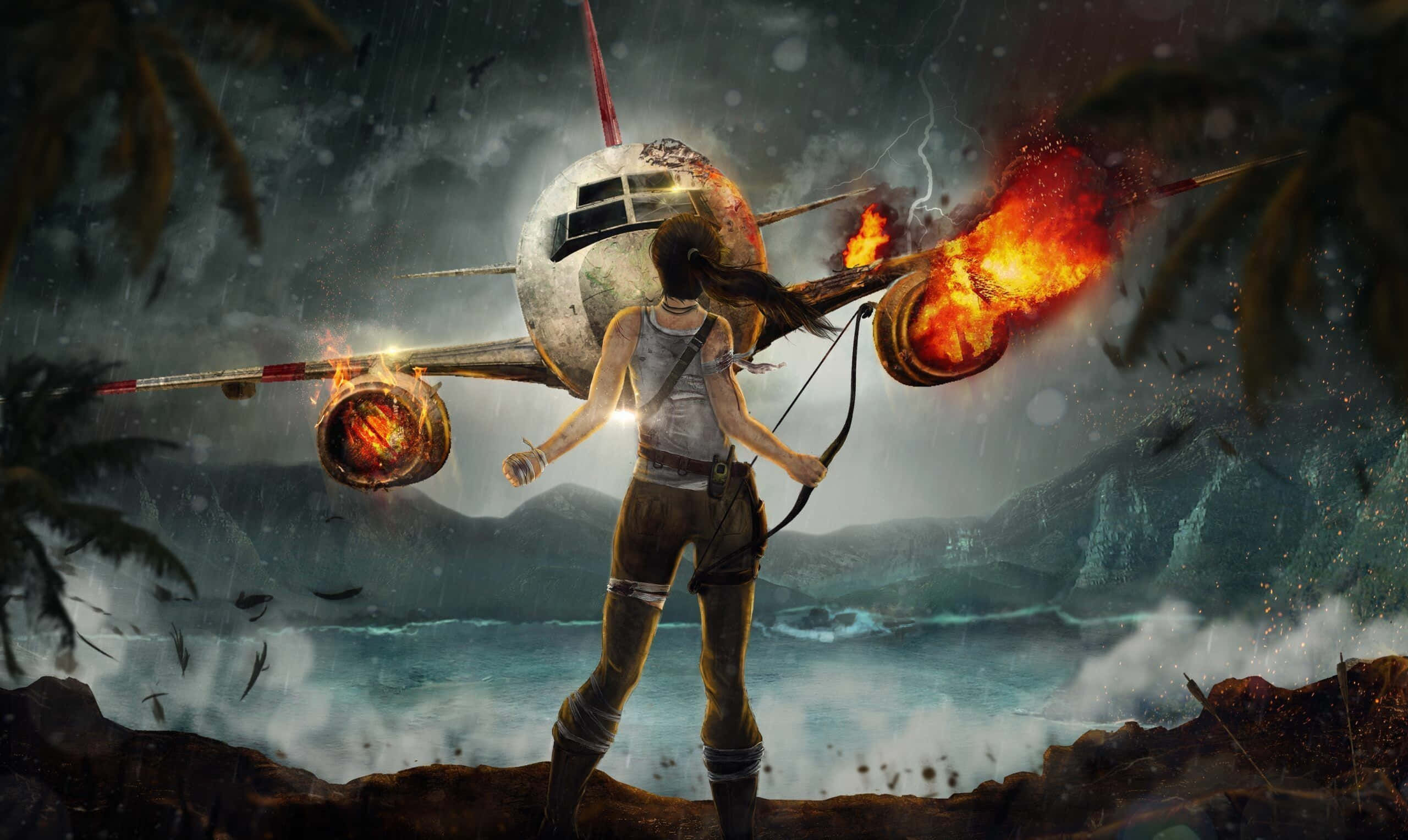 Lara Croft, stormy tropical shore, bow, 2K Desktop Wallpaper