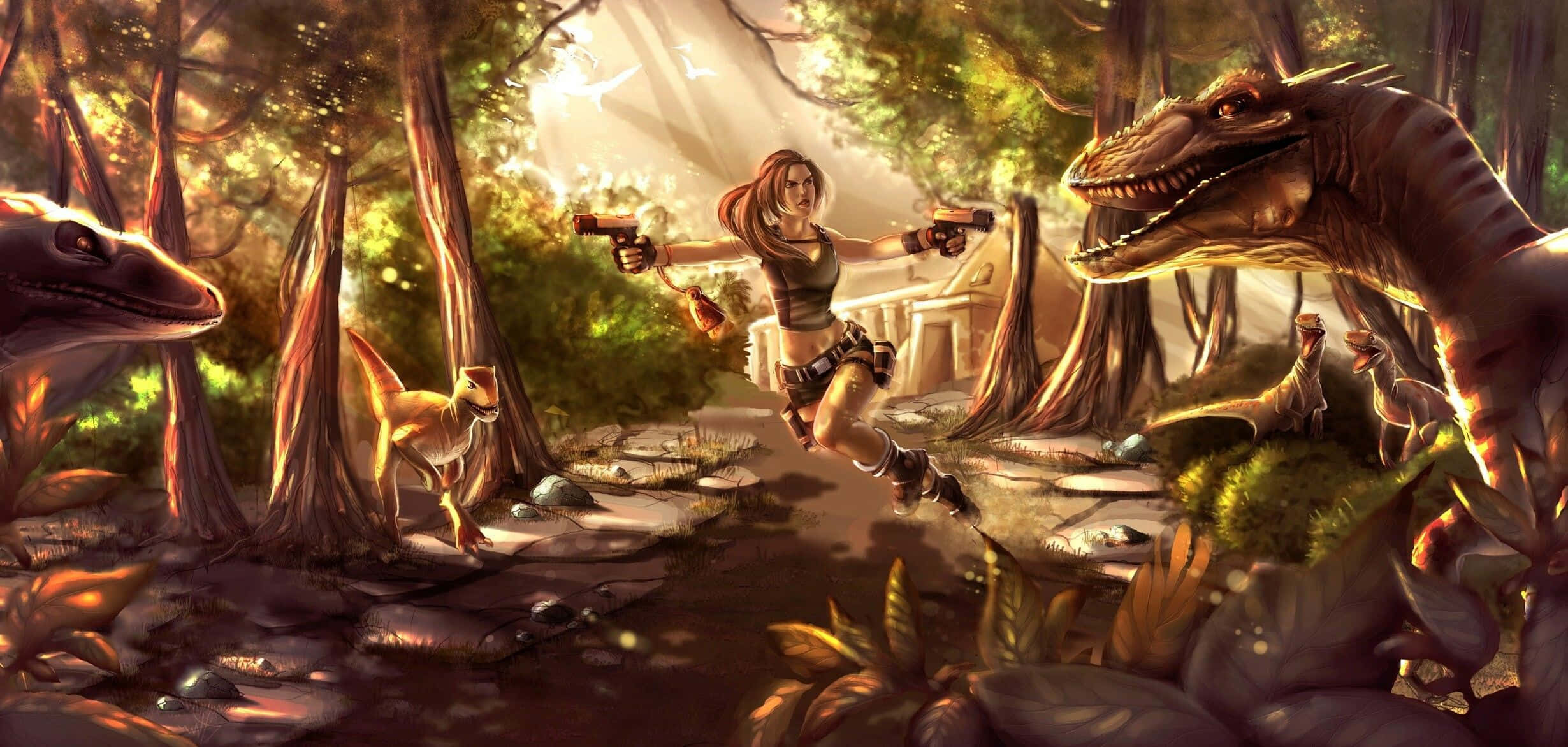 Lara Croft, dinosaur, jungle, Full HD Desktop Wallpaper