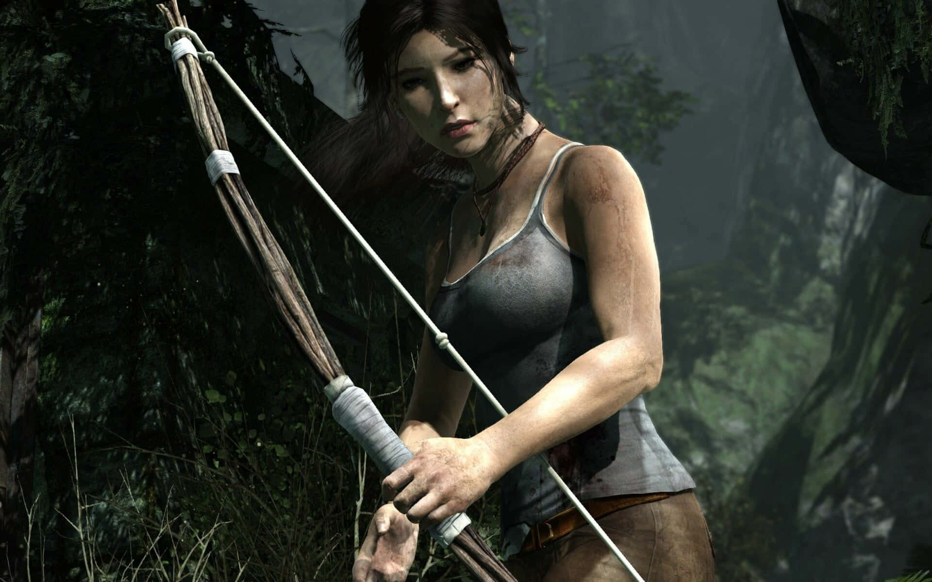 Lara Croft, bow, jungle, Full HD Desktop Wallpaper