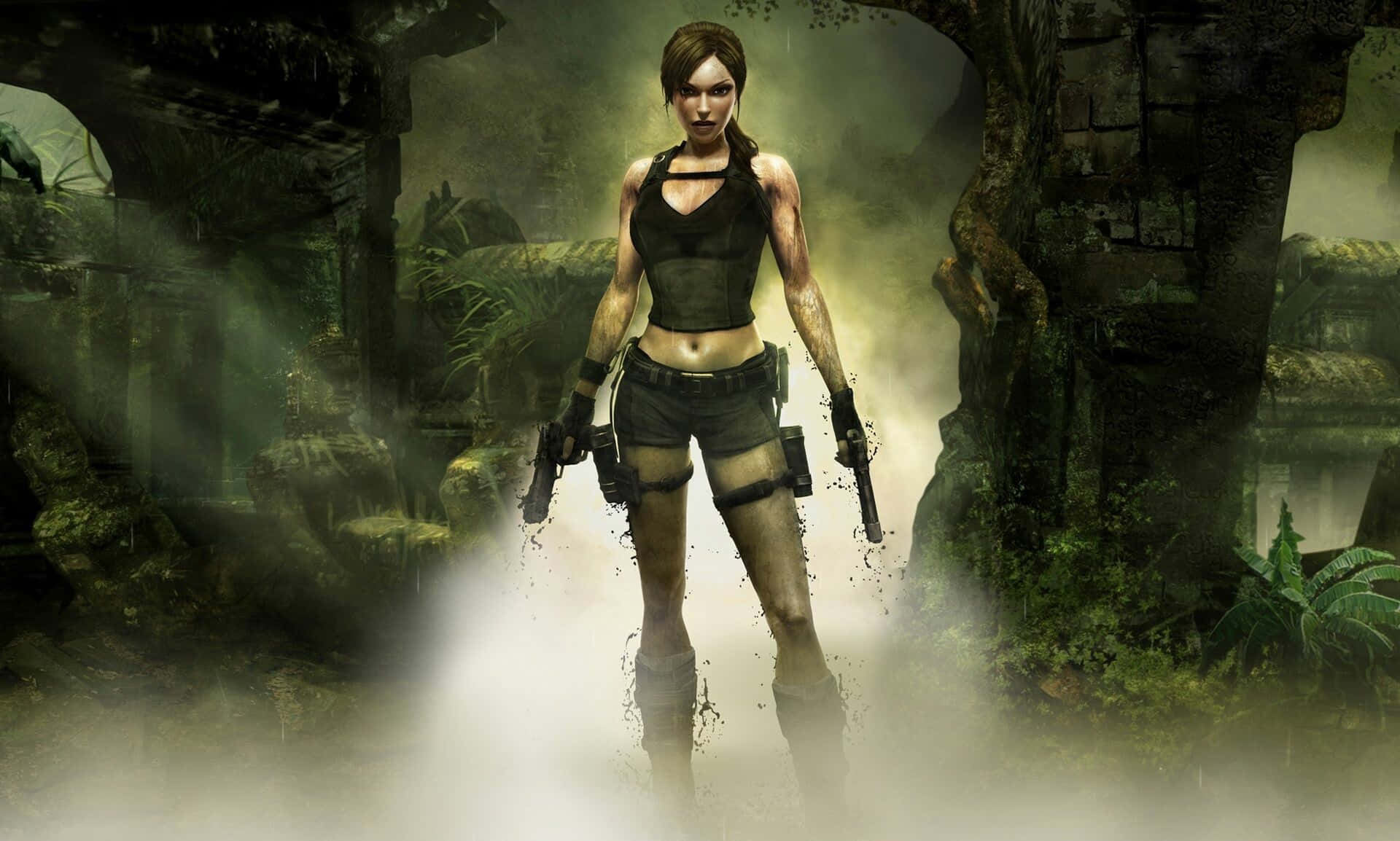 Lara Croft, jungle ruins, moss-covered stone structures, Full HD Desktop Wallpaper