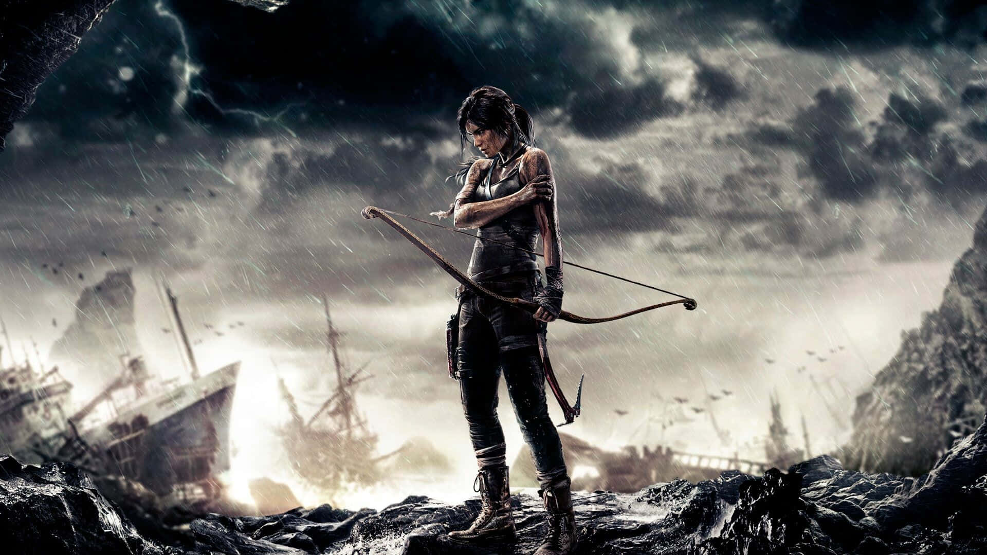Lara Croft, stormy shipwreck, rocky terrain, Full HD Desktop Wallpaper