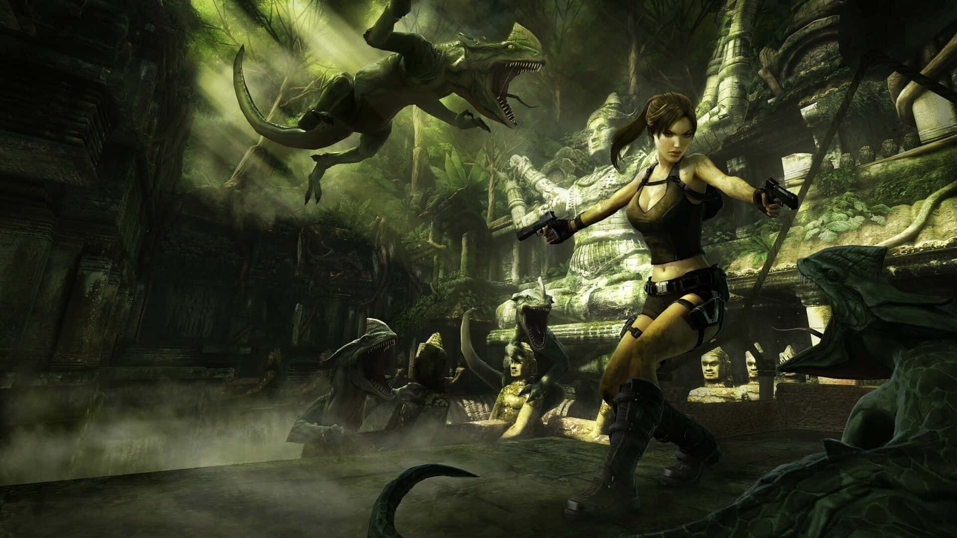 Lara Croft, temple showdown, flying reptile, Full HD Desktop Wallpaper