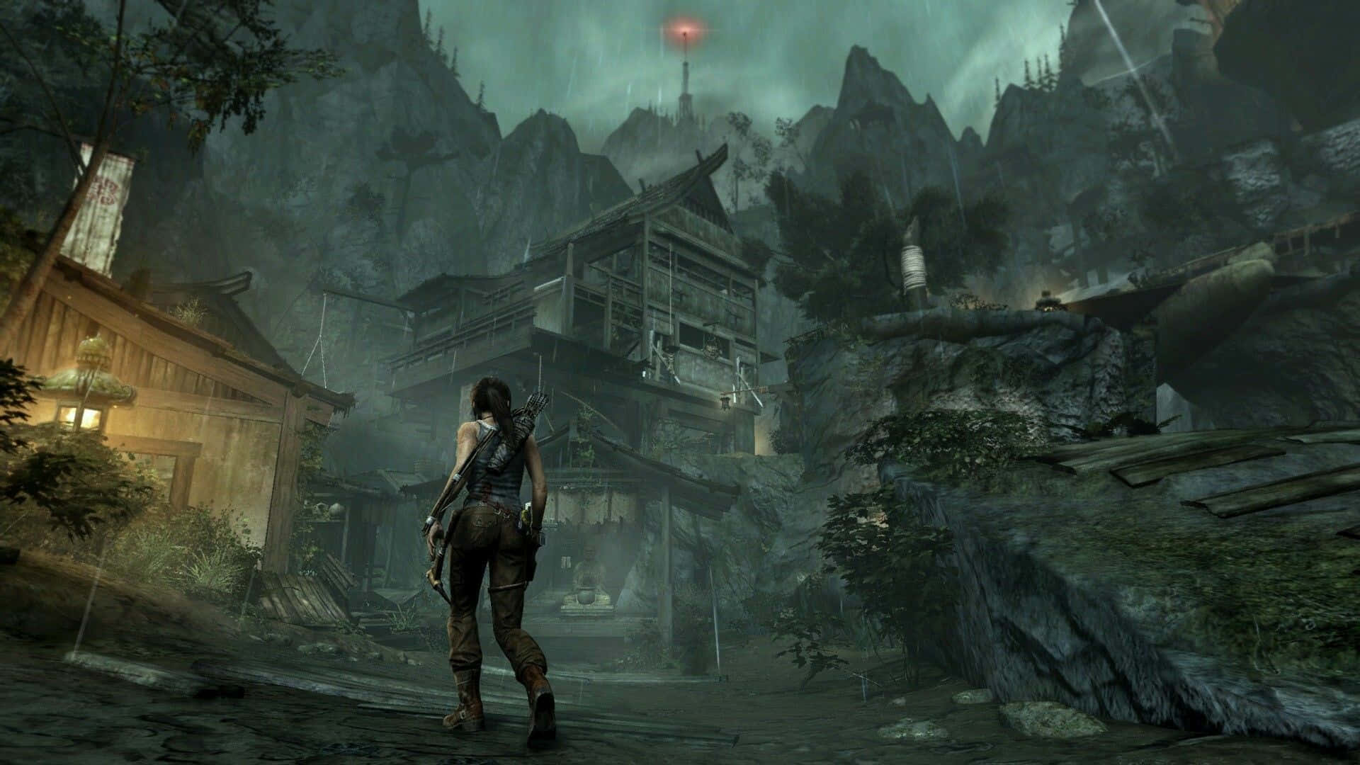 Lara Croft, mountain village, ancient wooden structures, Full HD Desktop Wallpaper