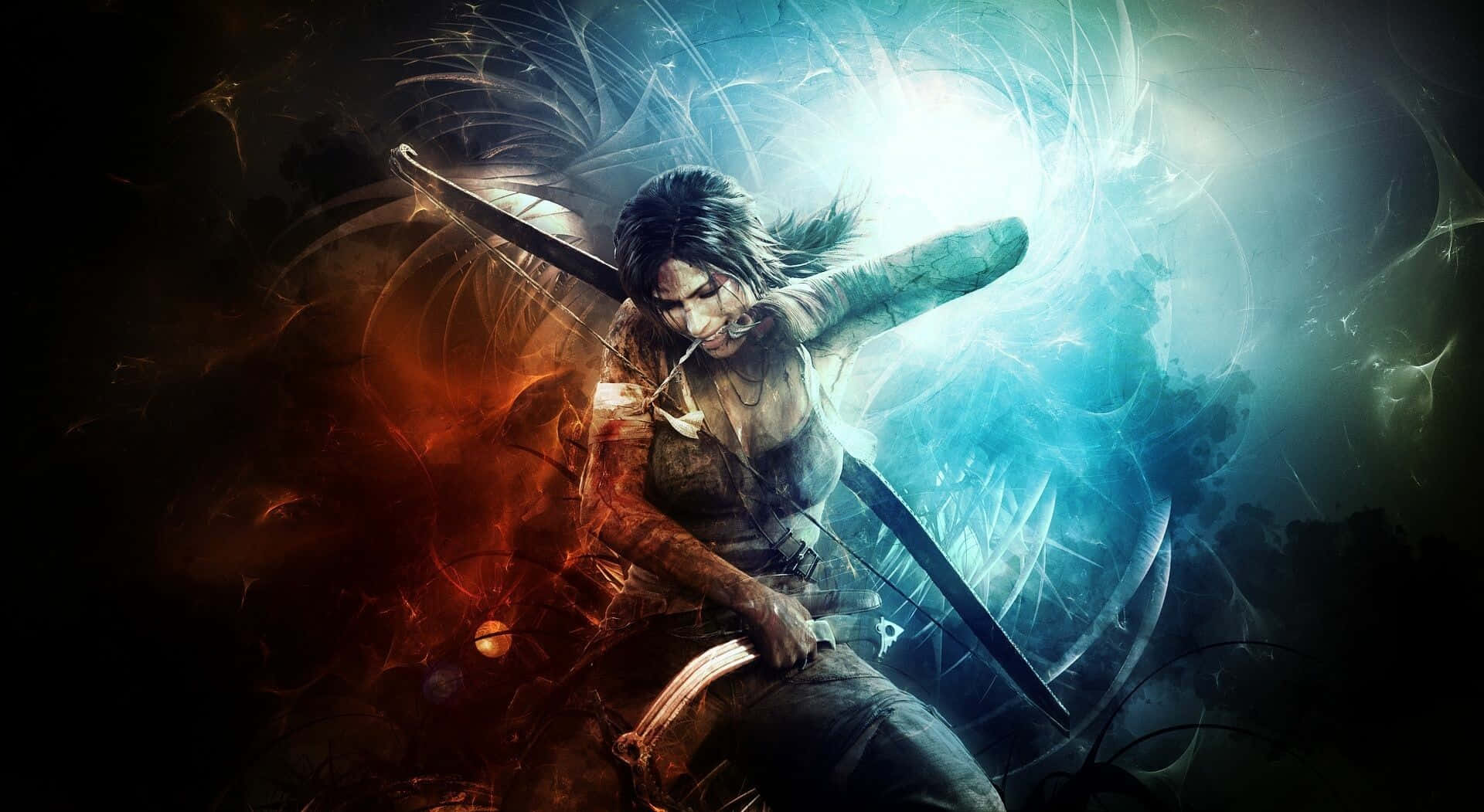 Lara Croft, bow, blue and orange energy, Full HD Desktop Wallpaper