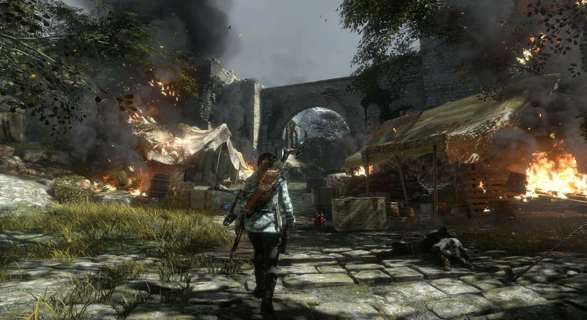 Lara Croft, action scene, burning village, Full HD Desktop Wallpaper