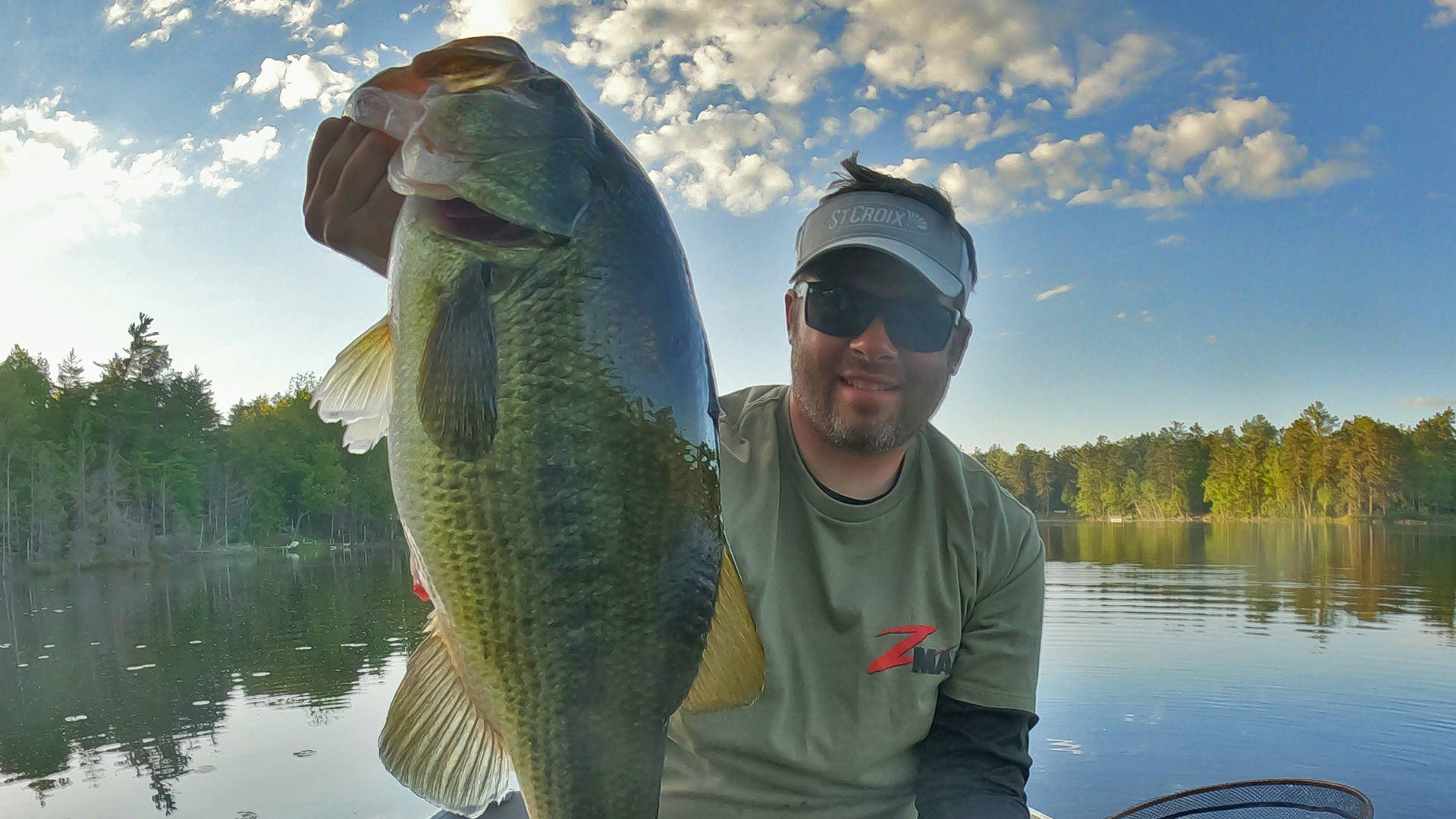Largemouth Bass, serene lake, trees, Full HD Desktop Wallpaper