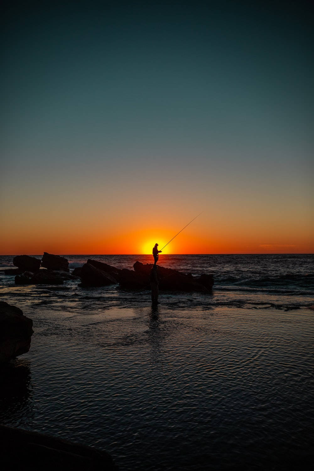 lone fisherman, casting a line, sunset, HD Phone Wallpaper