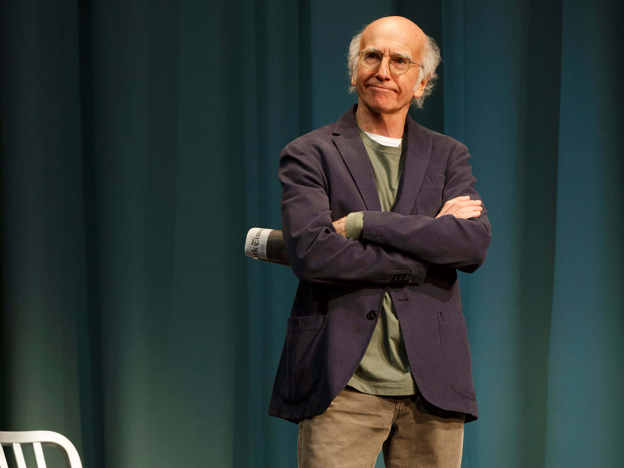 Larry David, teal curtain, microphone, Full HD Desktop Wallpaper