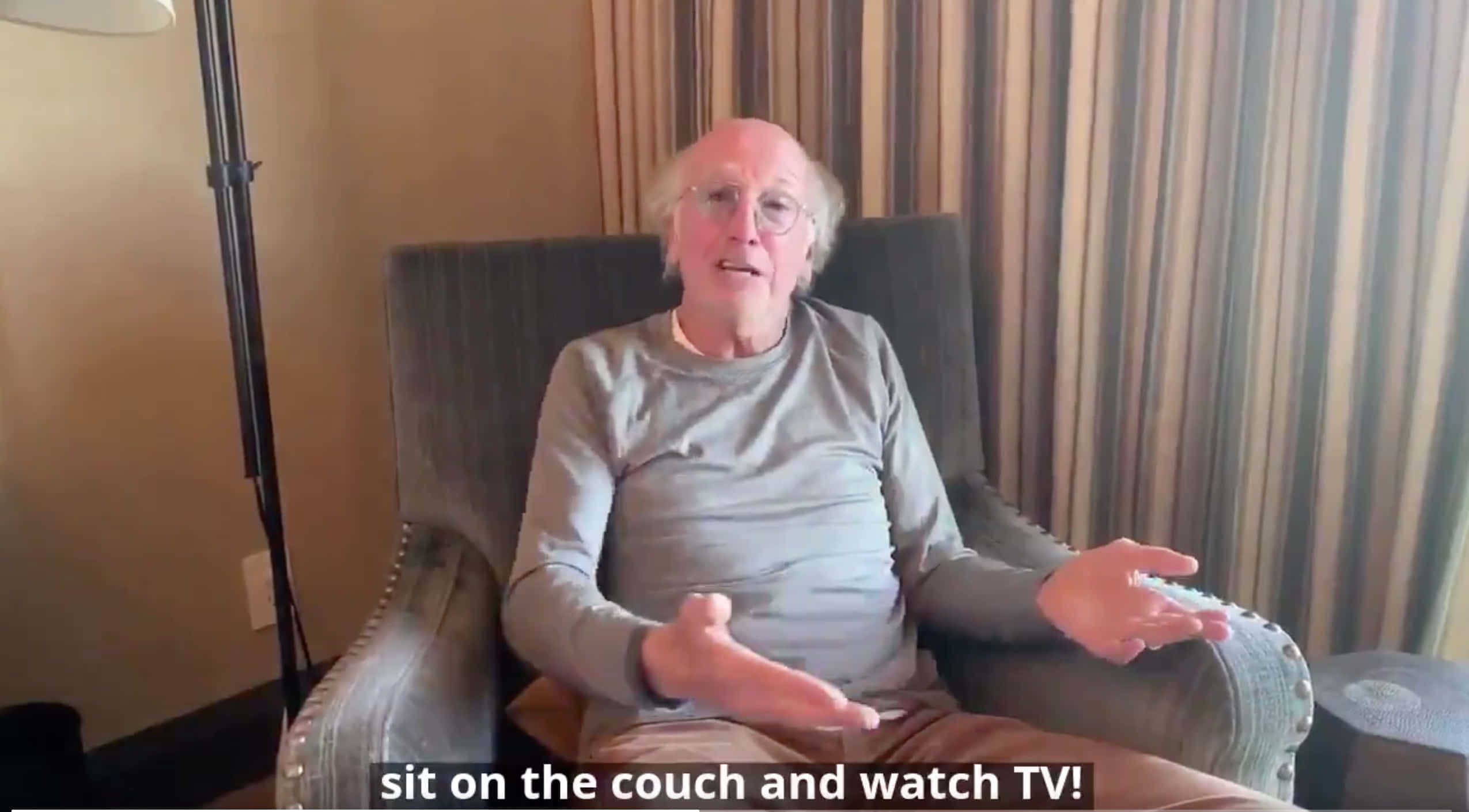 Larry David, gray armchair, striped curtains, Full HD Desktop Wallpaper