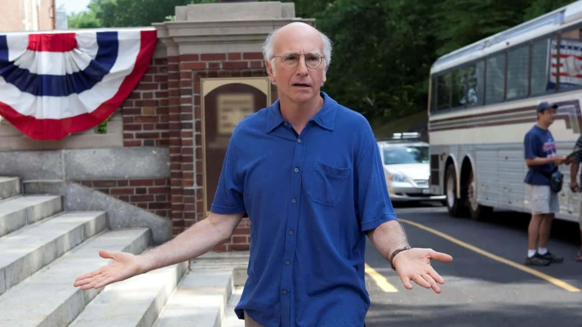 Larry David, blue shirt, brick building, Full HD Desktop Wallpaper