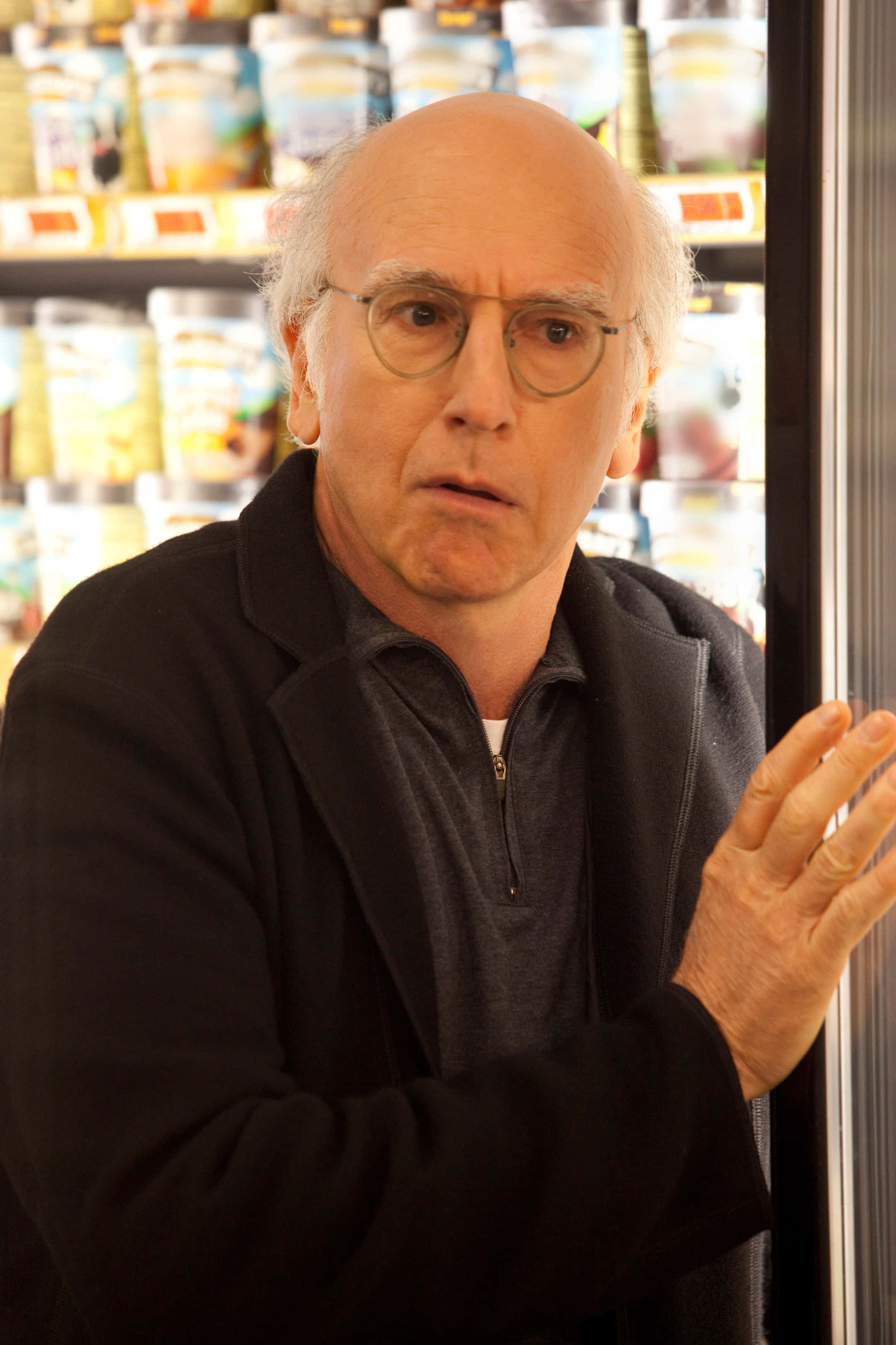 Larry David, grocery store aisle, bald man, 2K Phone Wallpaper