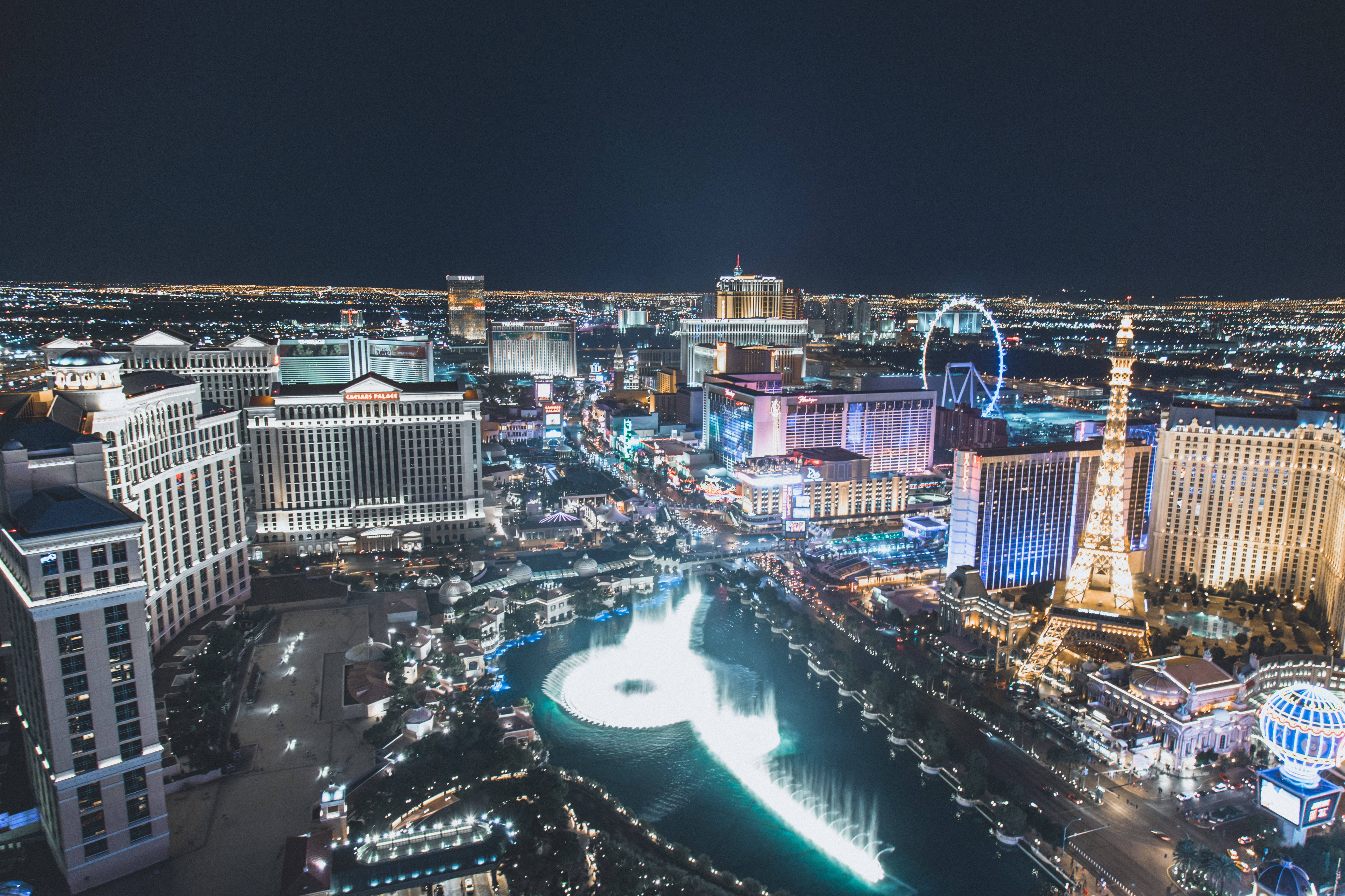 Las Vegas, nighttime aerial view, illuminated hotels, 5K Desktop Wallpaper