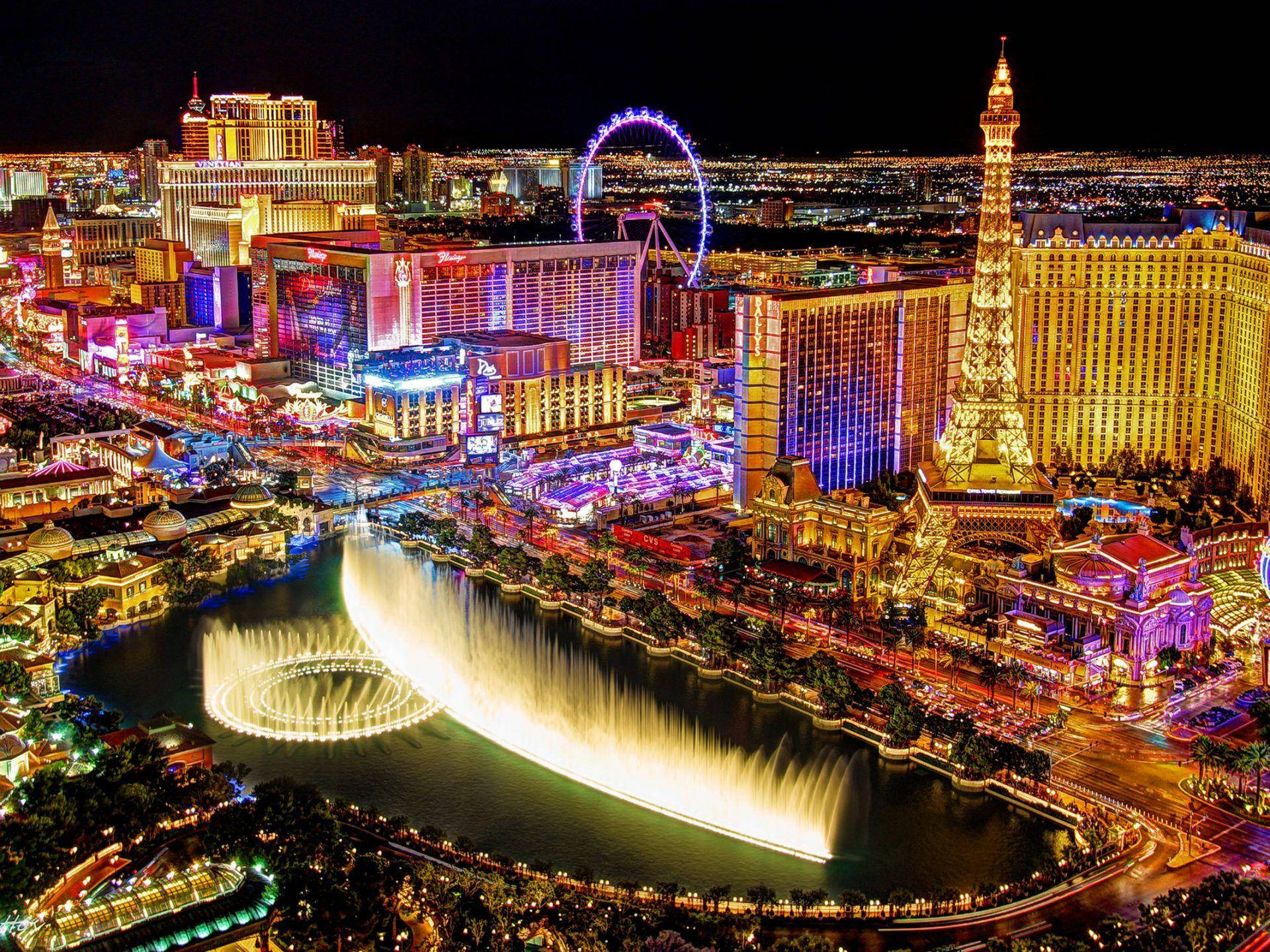 Las Vegas, nighttime aerial view, illuminated fountains, Full HD Desktop Wallpaper