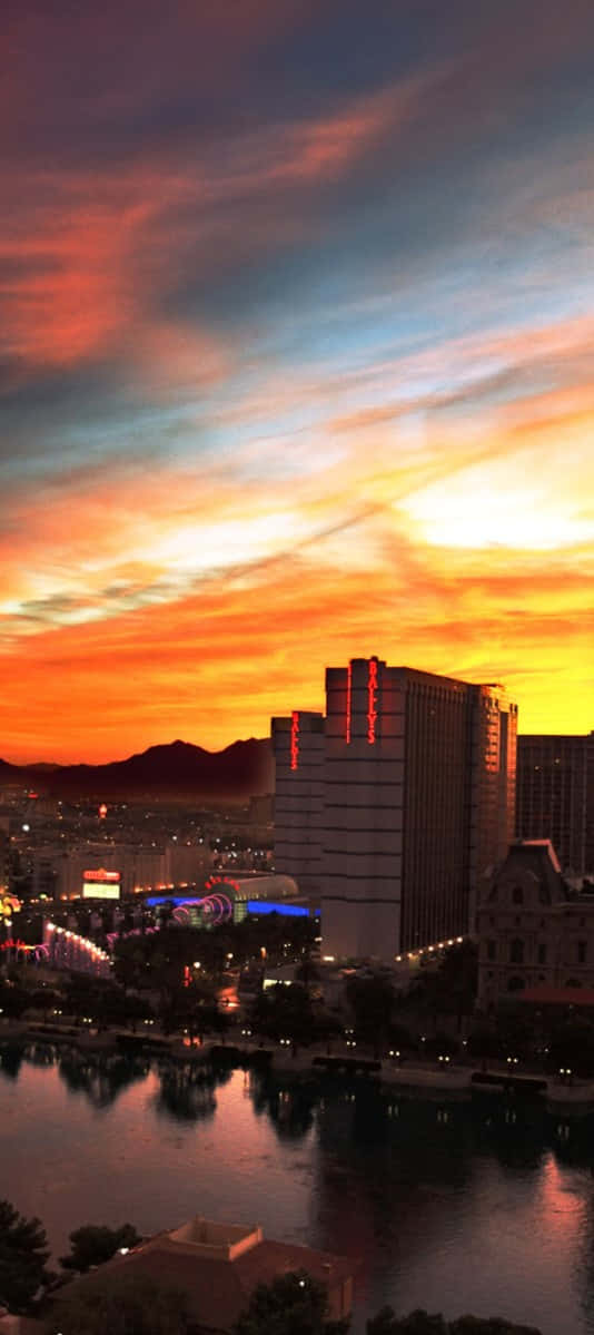 sunset, cityscape, glowing buildings, SD Phone Wallpaper
