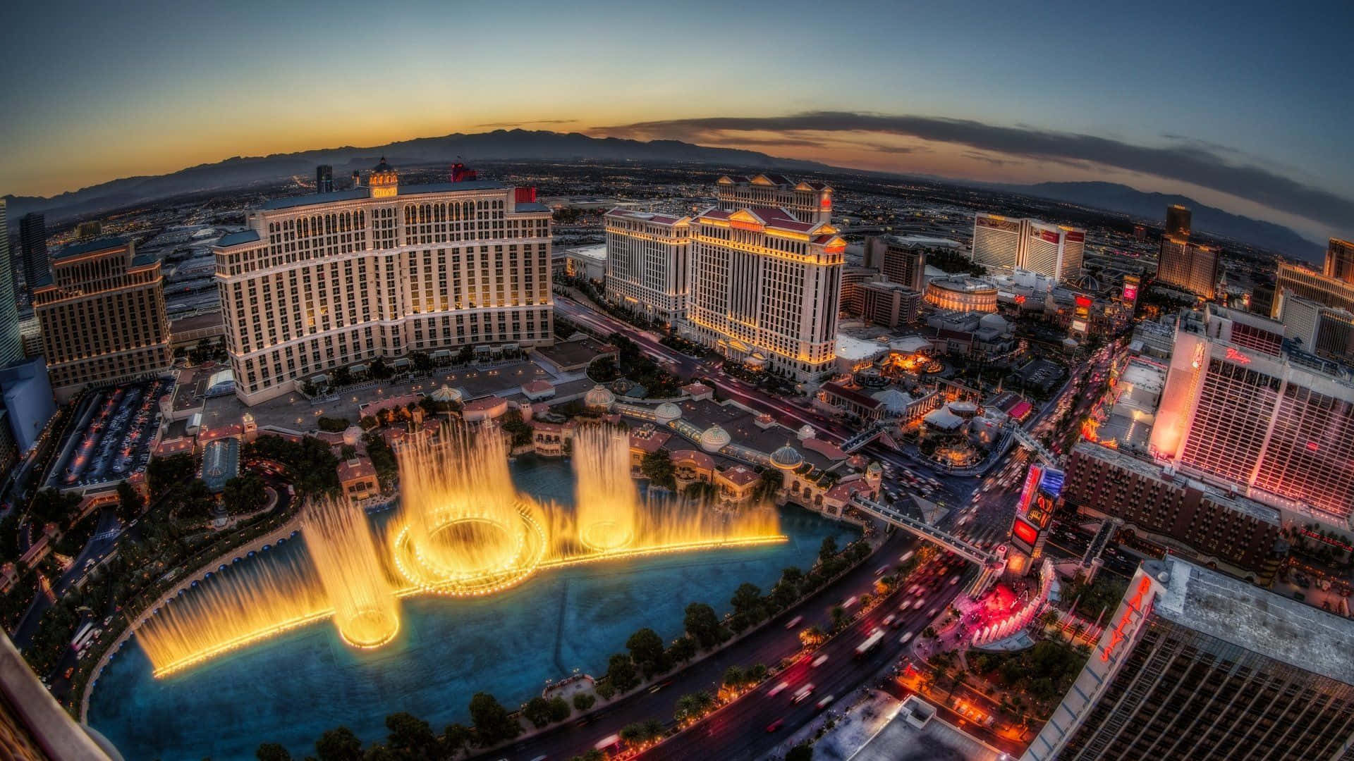 Las Vegas Skyline, dusk, illuminated fountains, Full HD Desktop Wallpaper