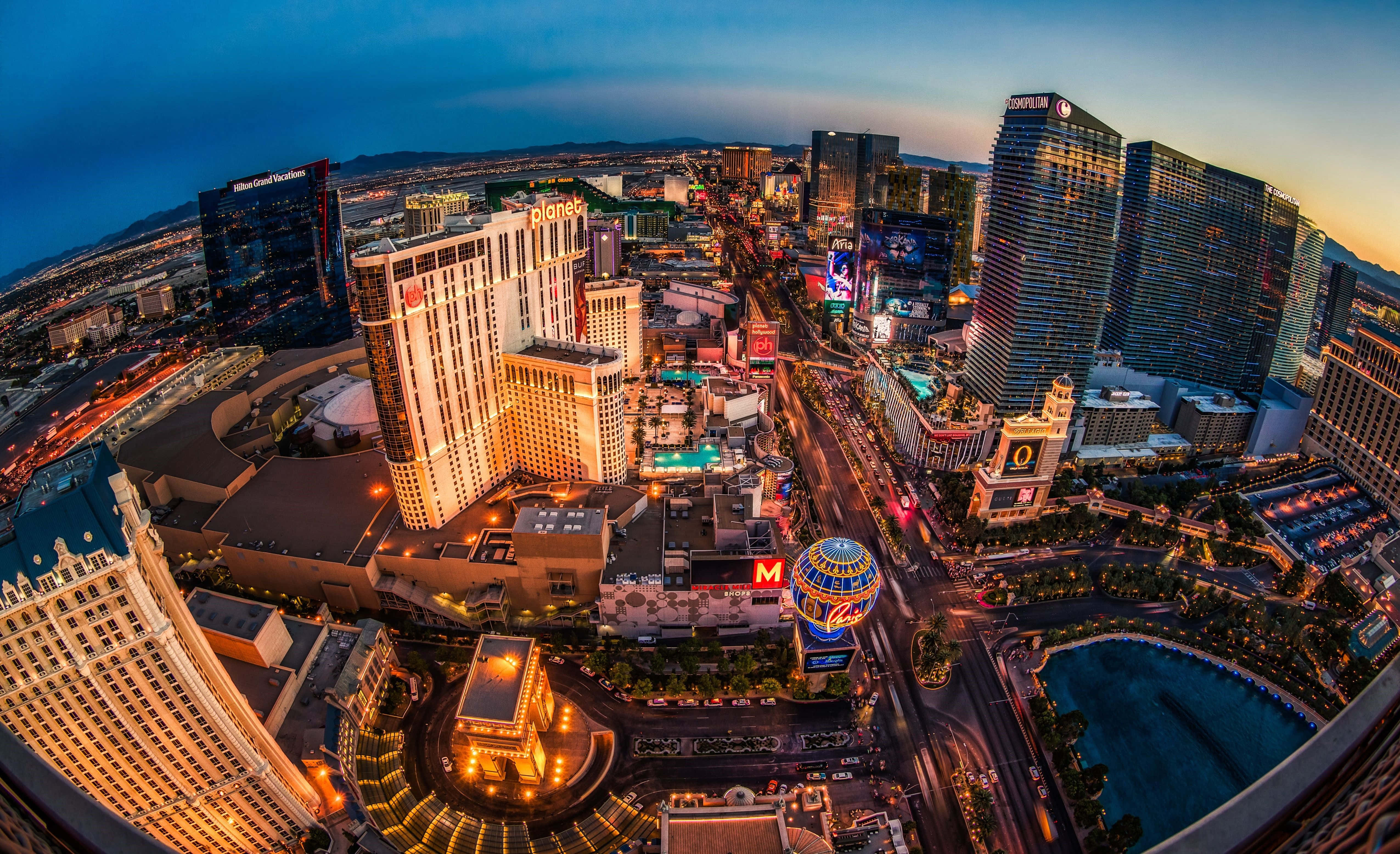 Las Vegas, fisheye view, dusk, 4K Desktop Wallpaper