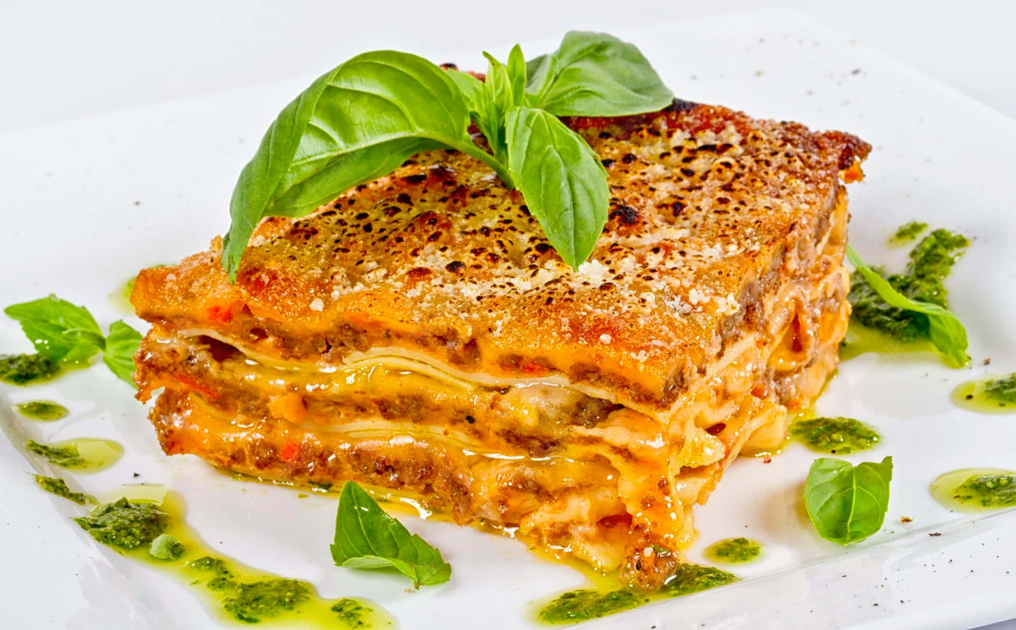 Lasagna Alla Bolognese, basil, pesto, Full HD Desktop Wallpaper