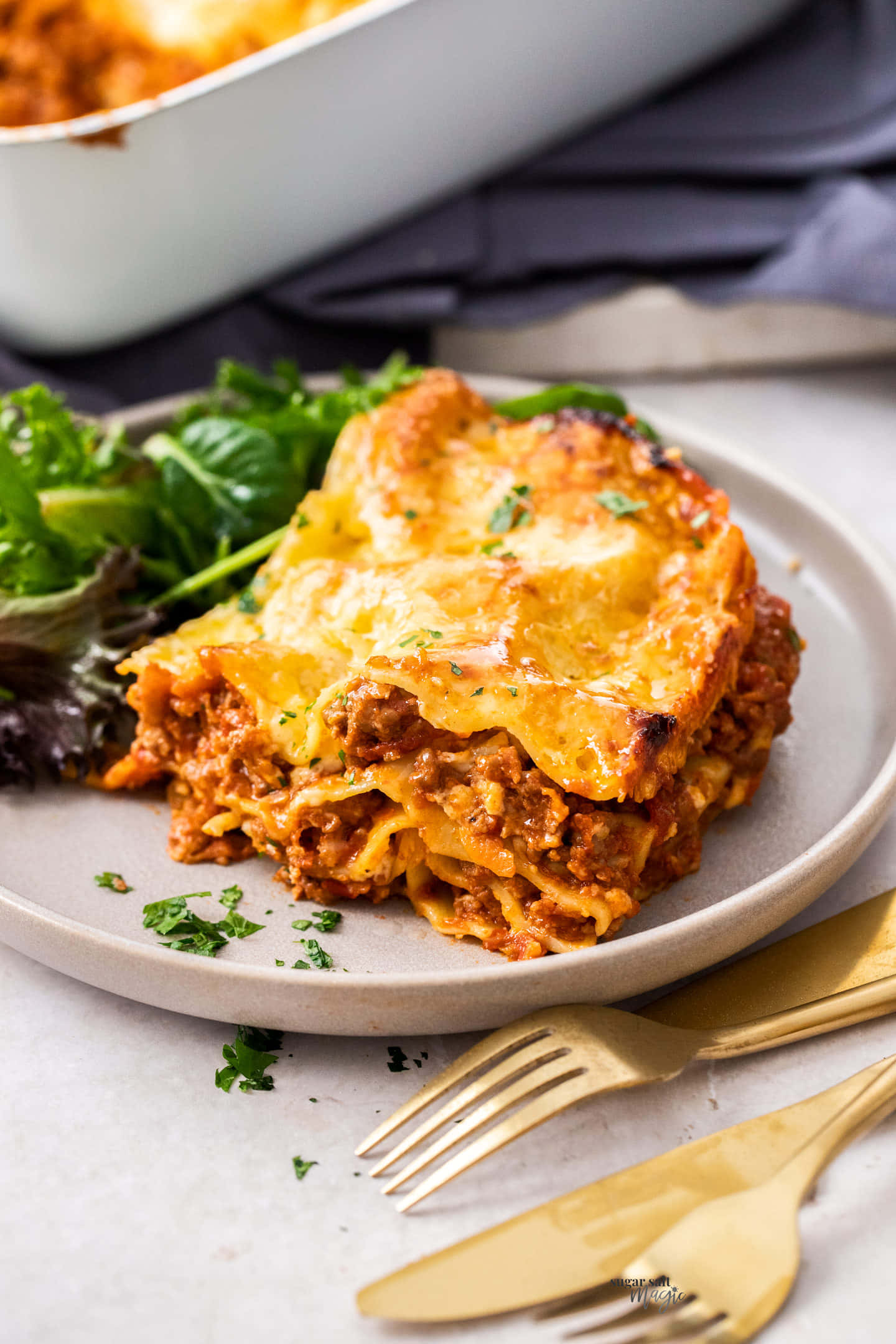 Lasagna Alla Bolognese, gold cutlery, golden-brown lasagna, Full HD Phone Wallpaper