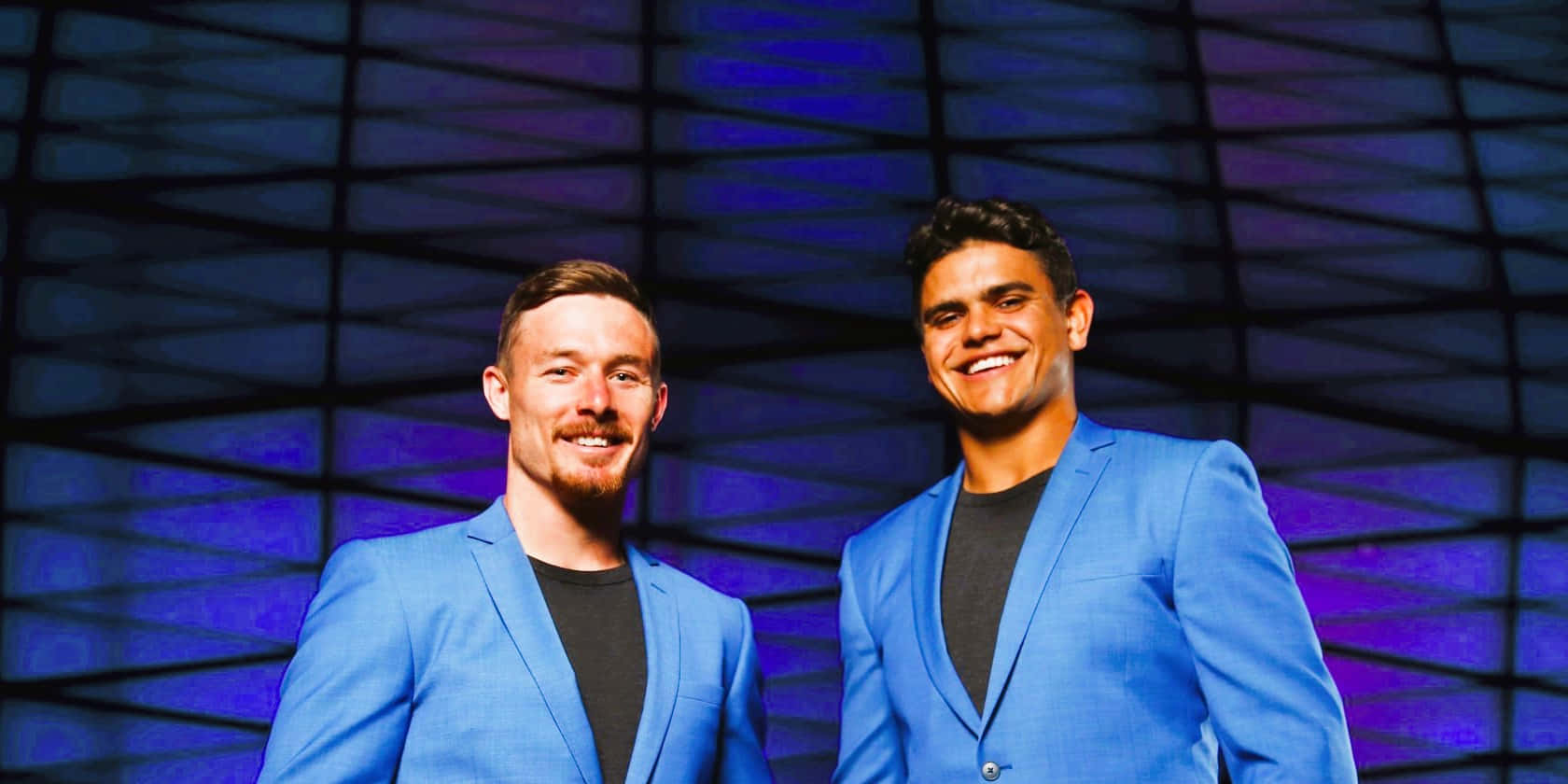 Latrell Mitchell, blue suits, geometrically patterned backdrop, HD Desktop Wallpaper