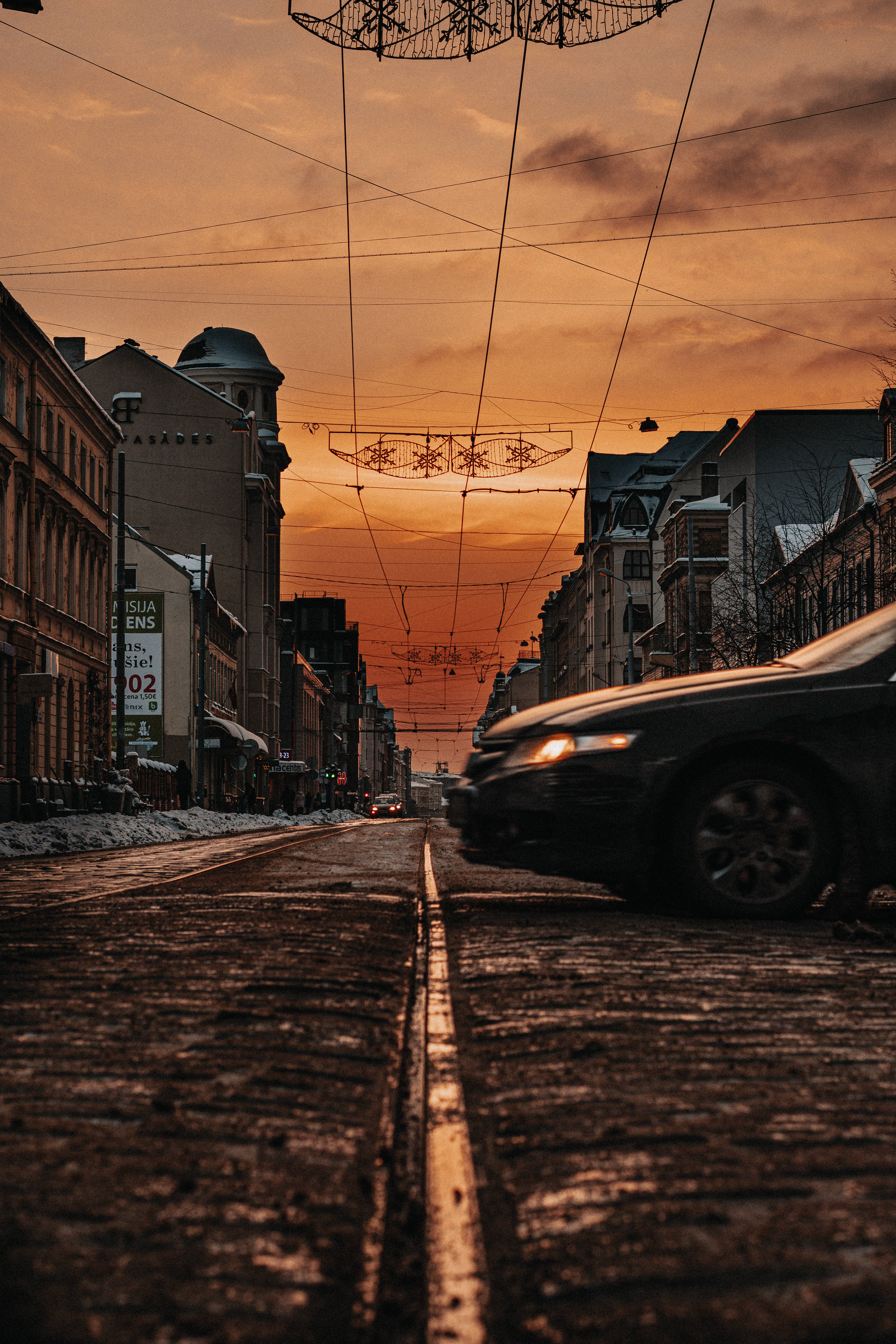 Latvia, orange sky, cobblestone street, 5K Phone Wallpaper