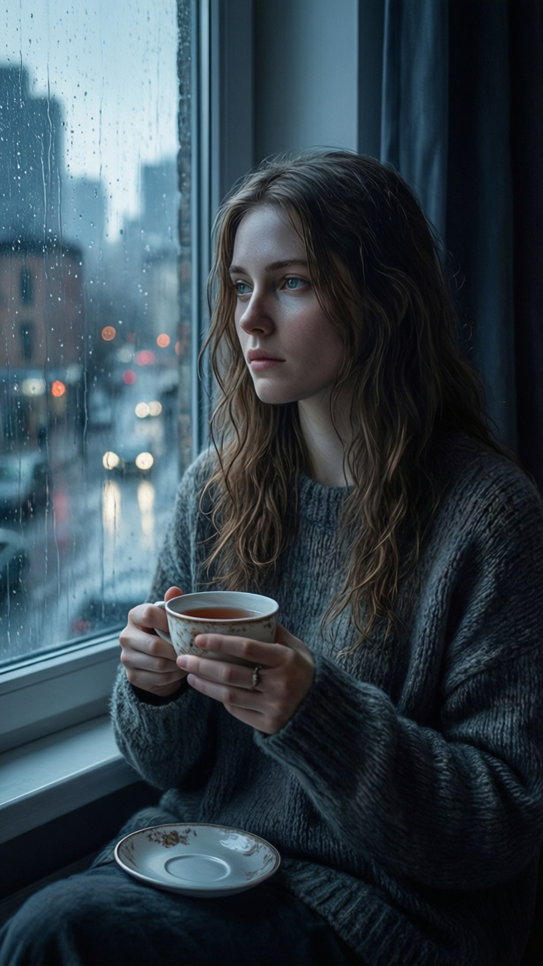 Laufey, rainy day, cozy indoor scene, Full HD Phone Wallpaper