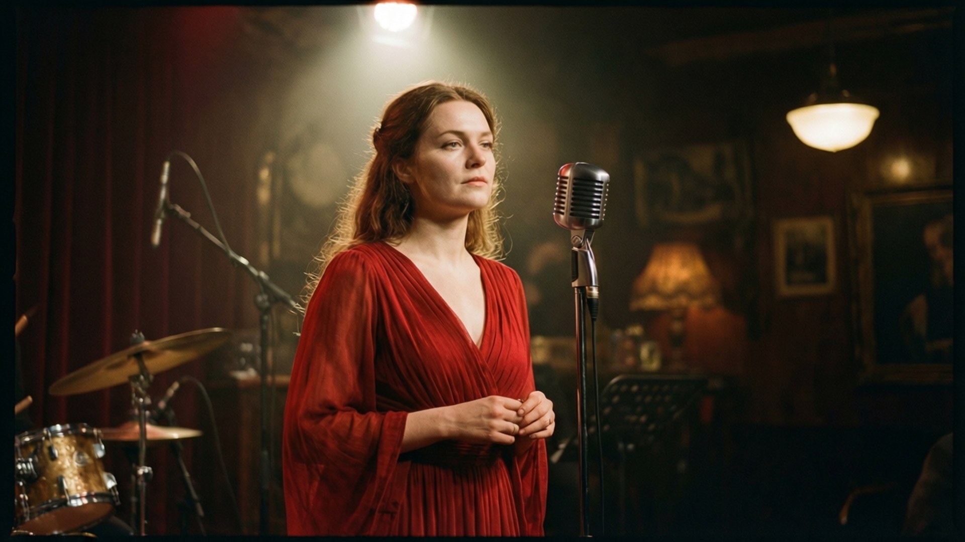 Laufey, vintage jazz club, warm cinematic lighting, Full HD Desktop Wallpaper