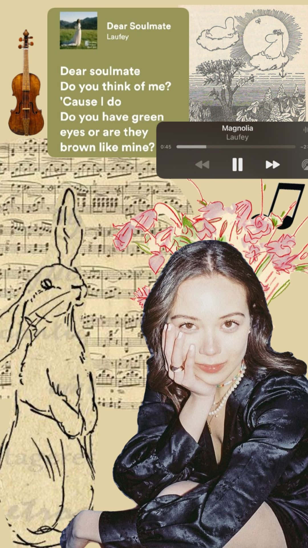Laufey, dark velvet robe, collage of sheet music, Full HD Phone Wallpaper