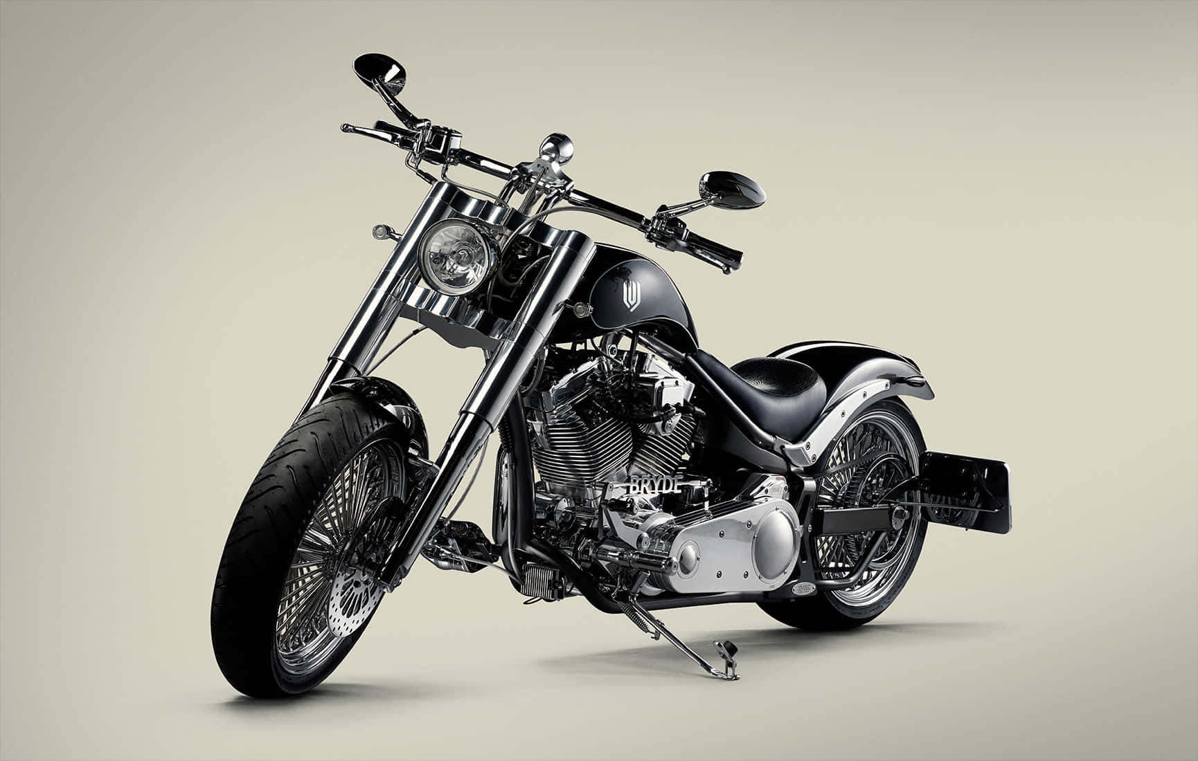 Lauge Jensen, sleek black custom chopper motorcycle, chrome accents, HD Desktop Wallpaper