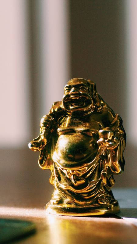 Laughing Buddha, golden, wooden surface, SD Phone Wallpaper