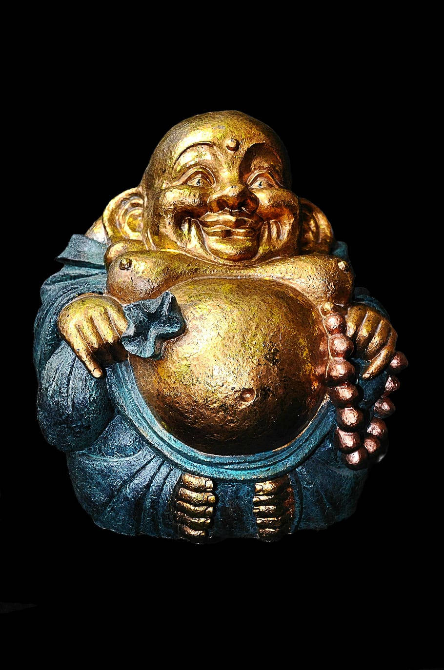 Golden Laughing Buddha, blue robes, rosary, HD Phone Wallpaper
