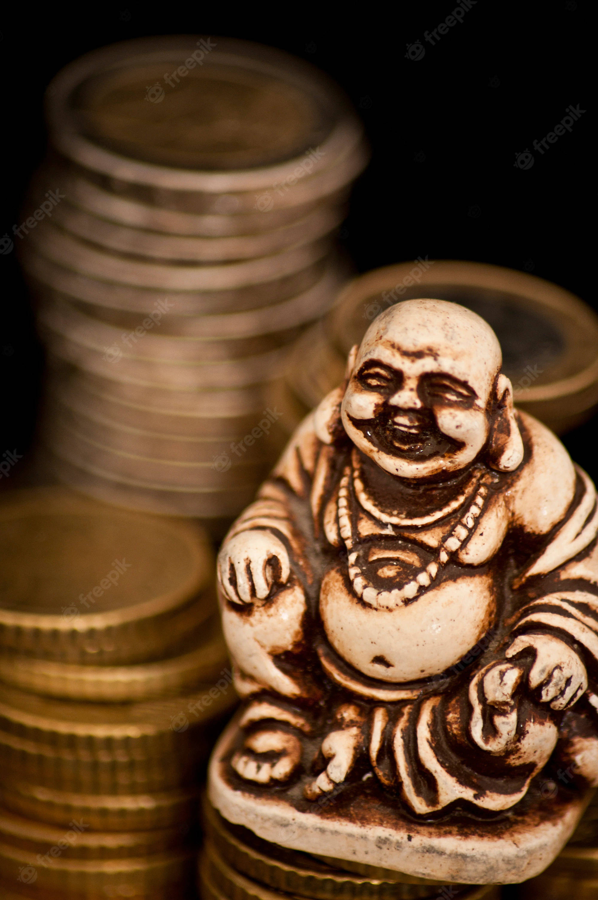 Laughing Buddha, golden coins, dark background, 2K Phone Wallpaper
