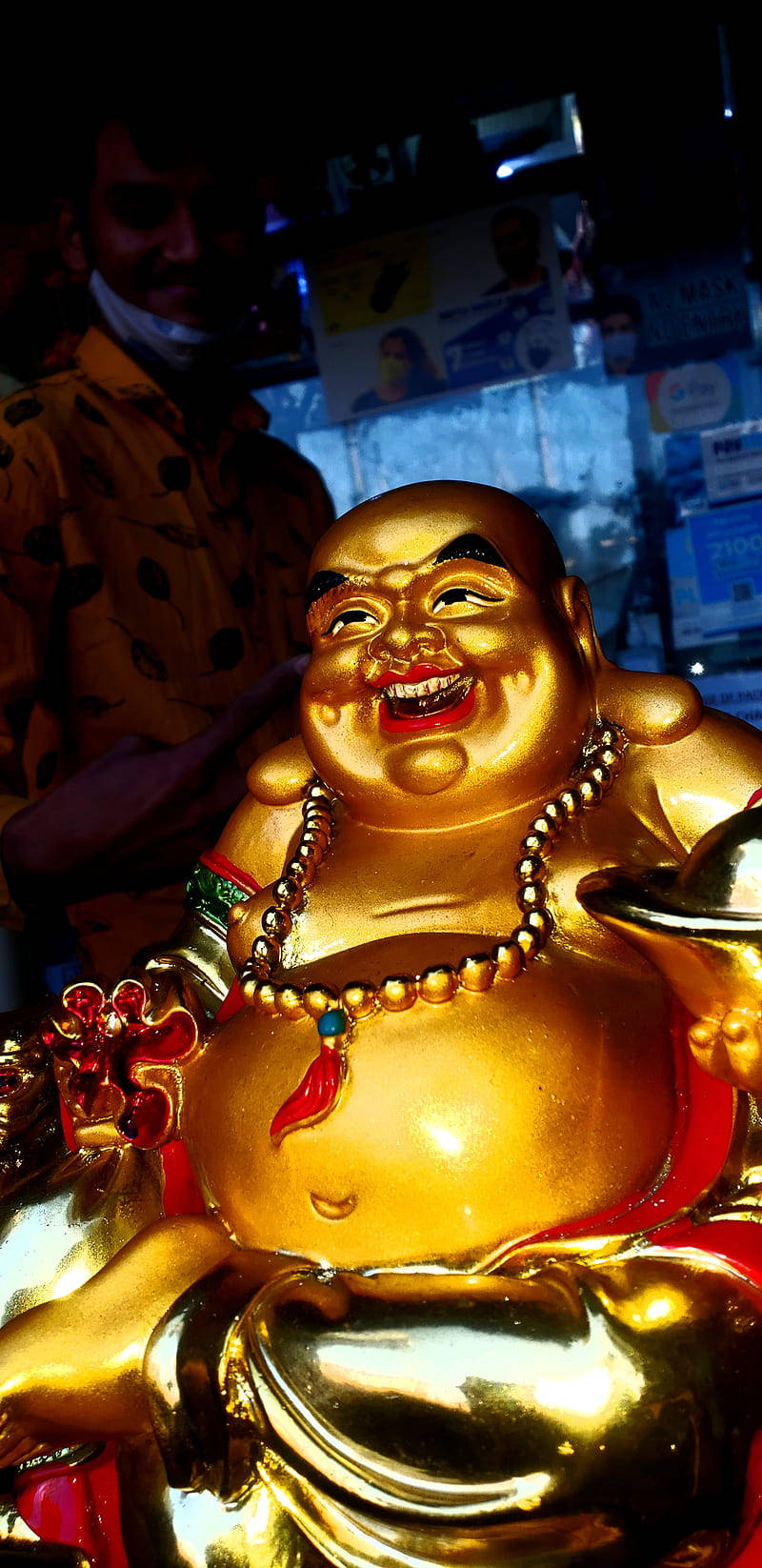 Laughing Buddha, golden, beads, HD Phone Wallpaper