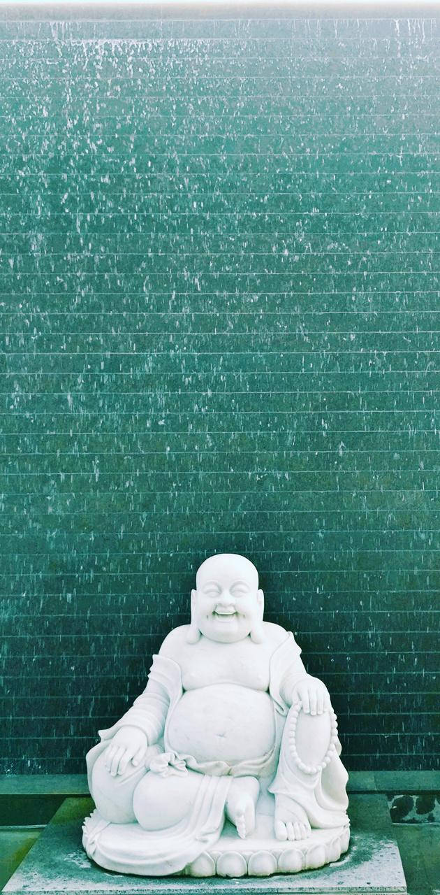Laughing Buddha, white, cascading green water wall, HD Phone Wallpaper