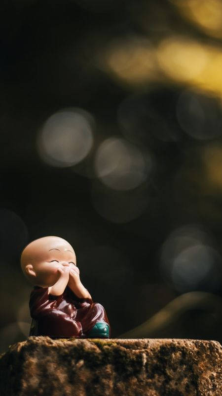 Laughing Buddha, tree stump, rough stone, SD Phone Wallpaper