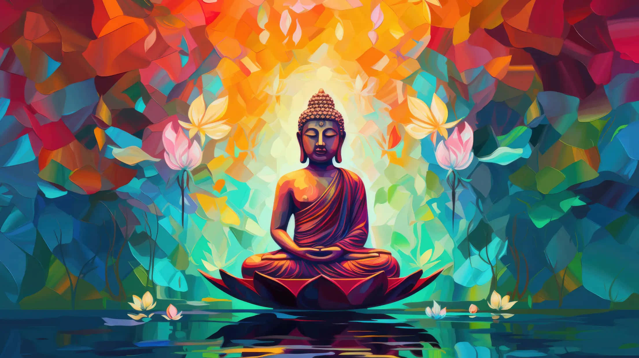 Colorful Meditating Buddha, red lotus, calm water, Full HD Desktop Wallpaper
