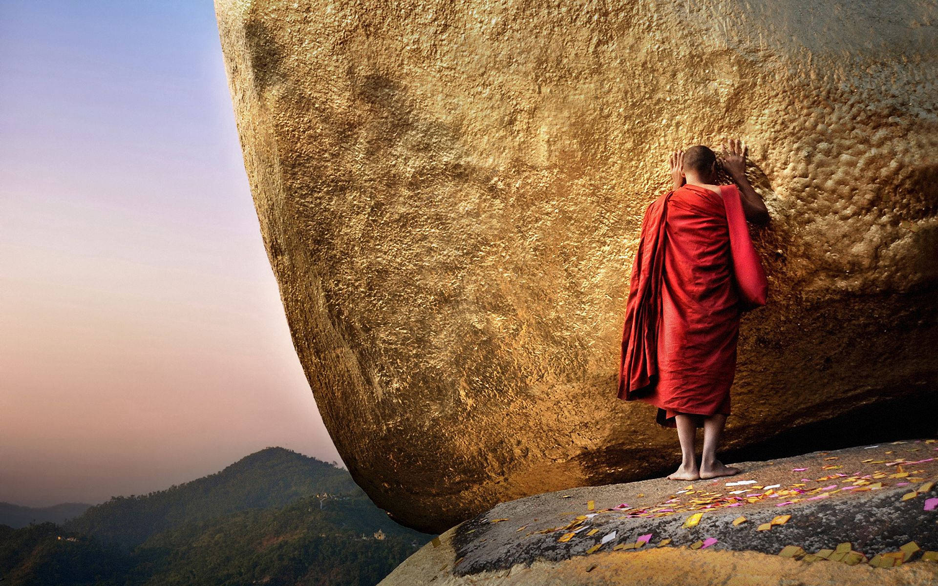 Praying Buddha Monk, red robes, golden rock, Full HD Desktop Wallpaper